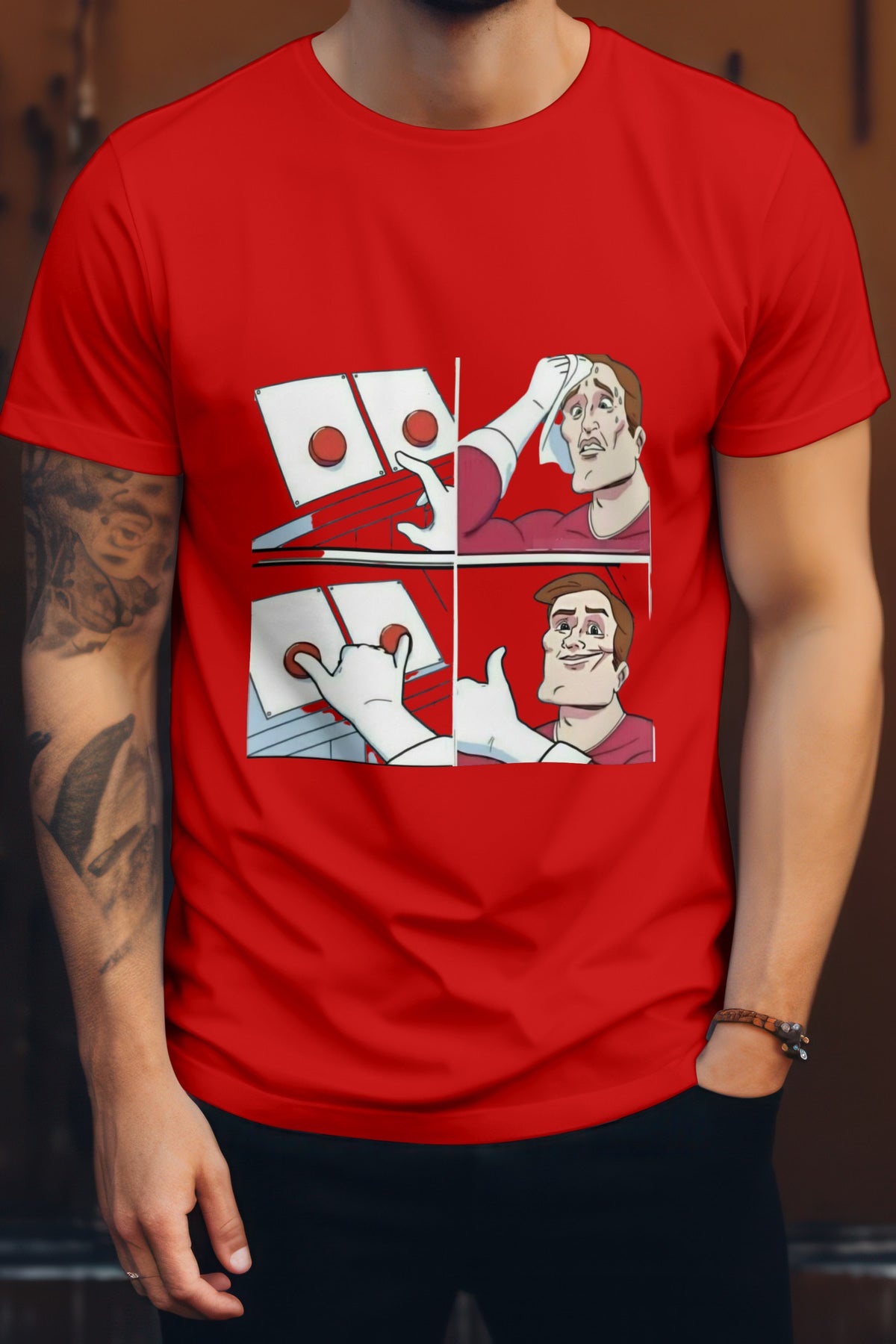Unisex Button Think Guy Graphic Printed Round Neck Cotton T Shirt