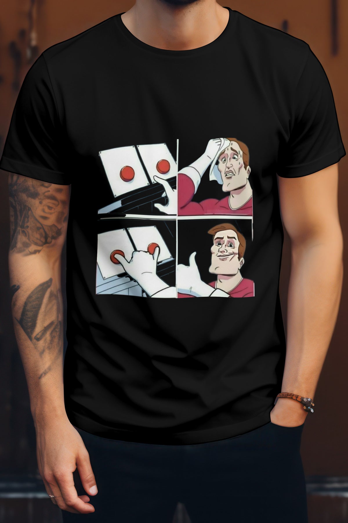 Unisex Button Think Guy Graphic Printed Round Neck Cotton T Shirt