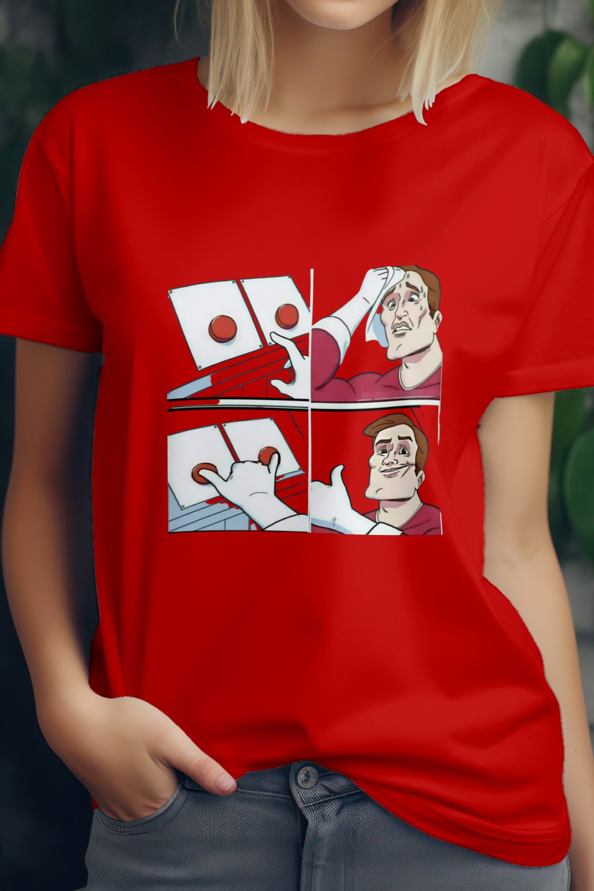 Unisex Button Think Guy Graphic Printed Round Neck Cotton T Shirt