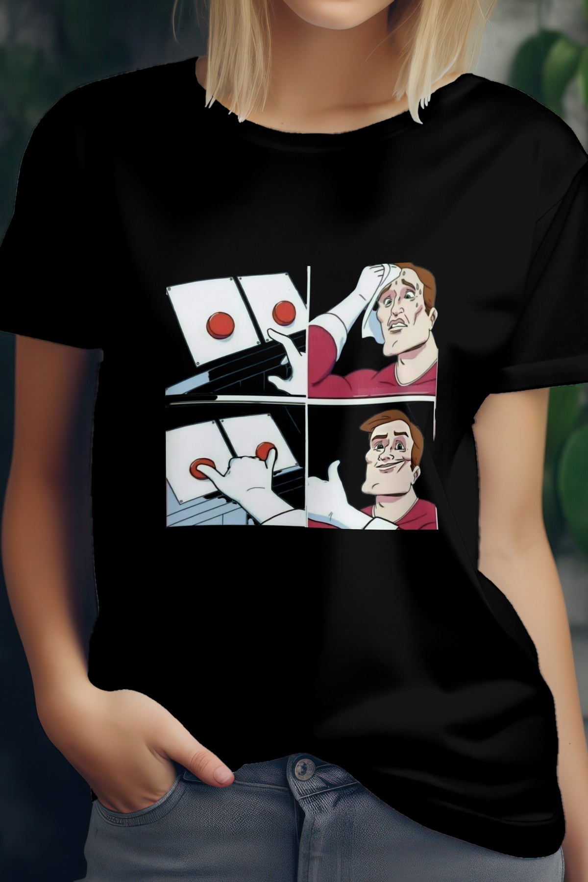 Unisex Button Think Guy Graphic Printed Round Neck Cotton T Shirt