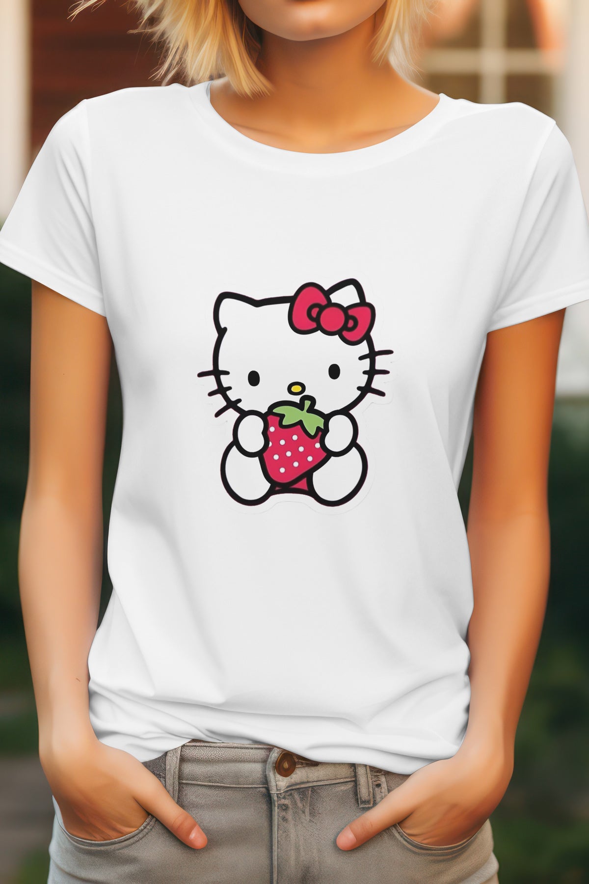 Women's Hello Kitty Strawberry Graphic Tee Round Neck Cotton