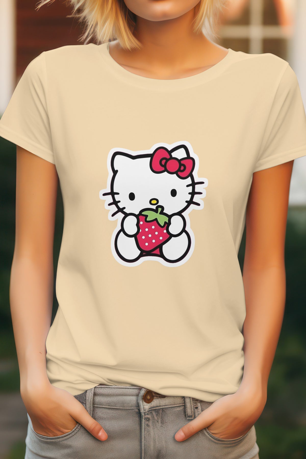 Women's Hello Kitty Strawberry Graphic Tee Round Neck Cotton
