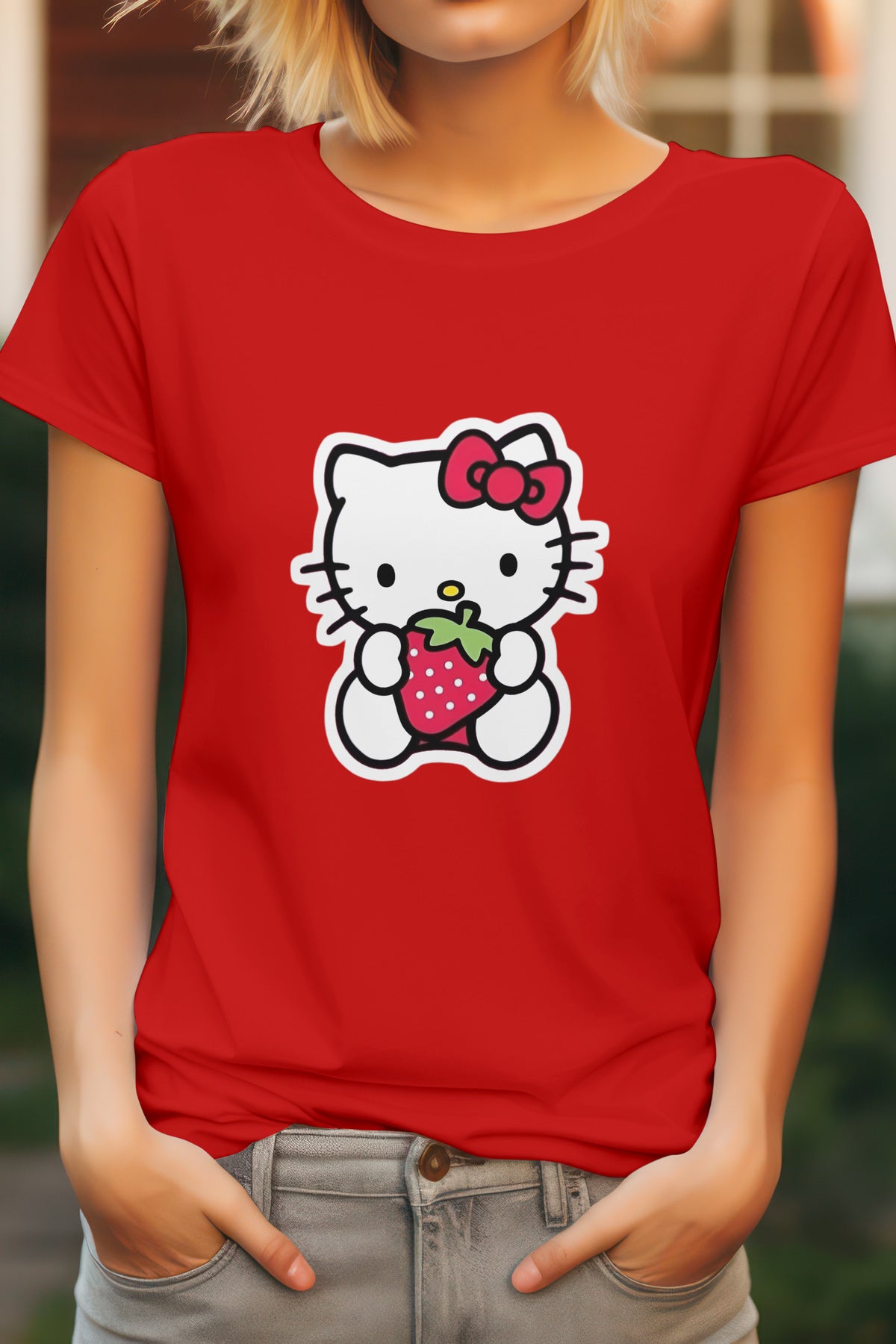 Women's Hello Kitty Strawberry Graphic Tee Round Neck Cotton