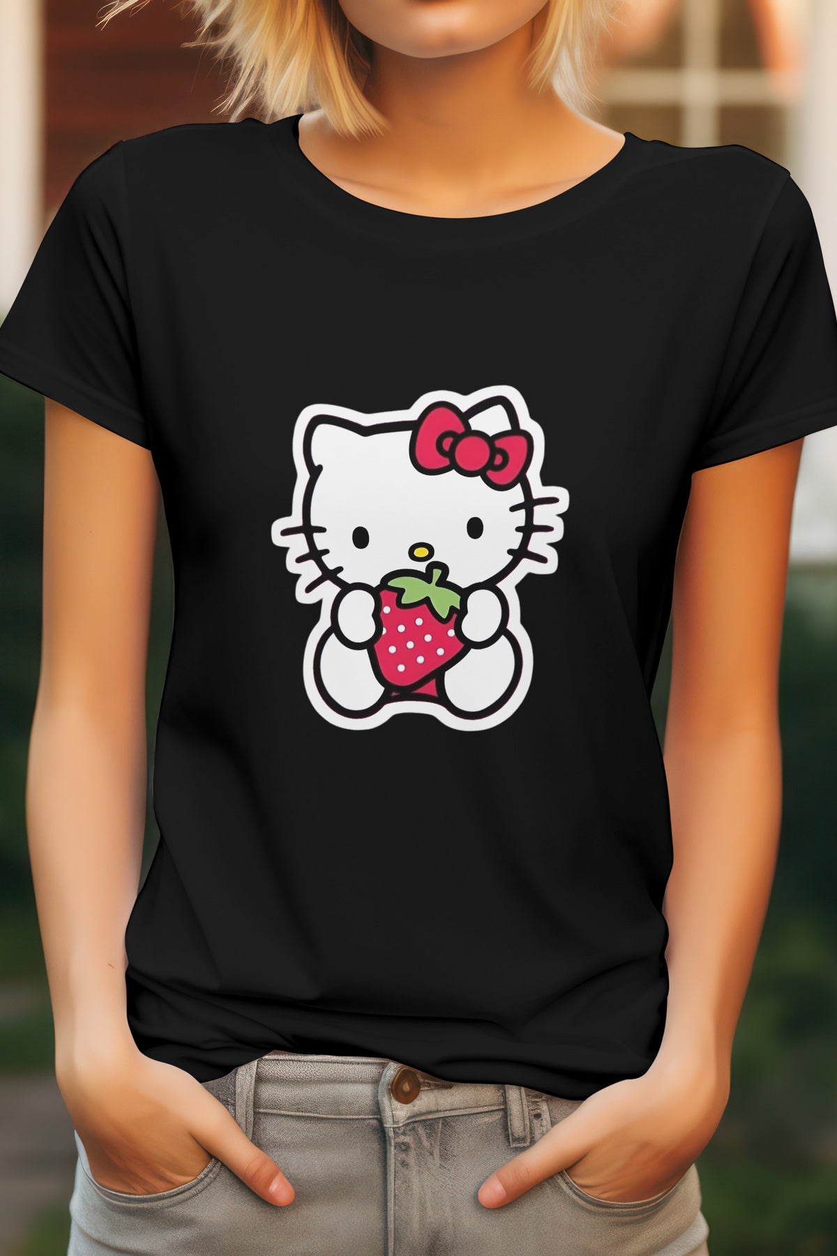 Women's Hello Kitty Strawberry Graphic Tee Round Neck Cotton