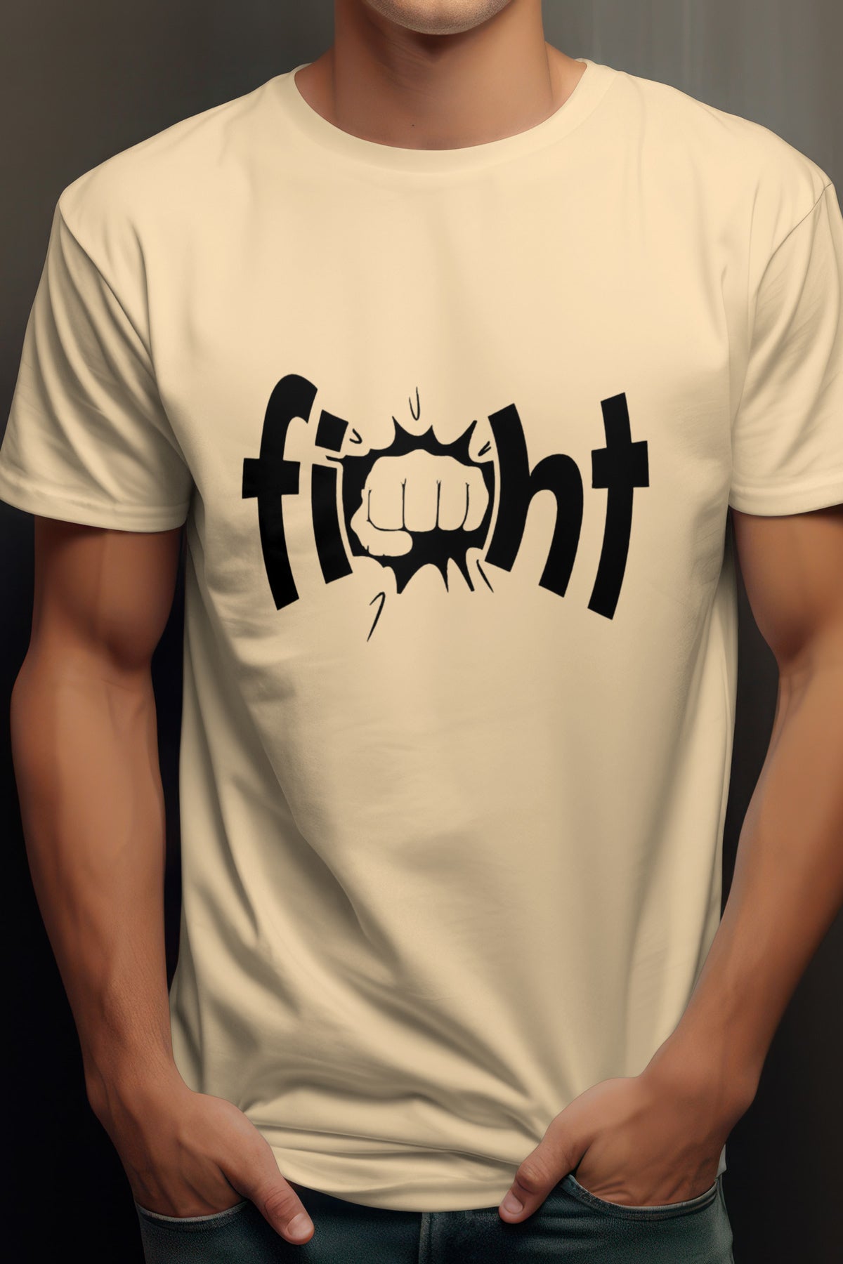 Unisex Fight Text Graphic Printed Round Neck Cotton T Shirt