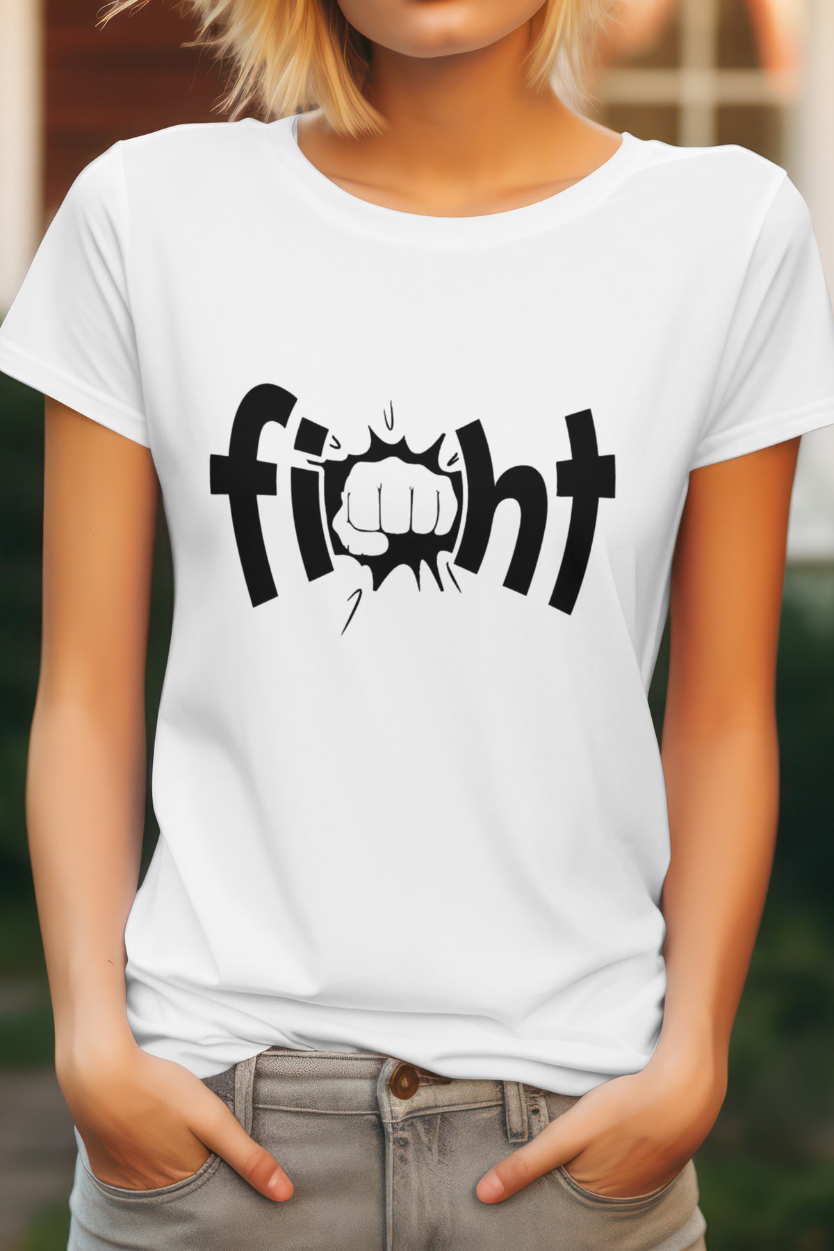 Unisex Fight Text Graphic Printed Round Neck Cotton T Shirt