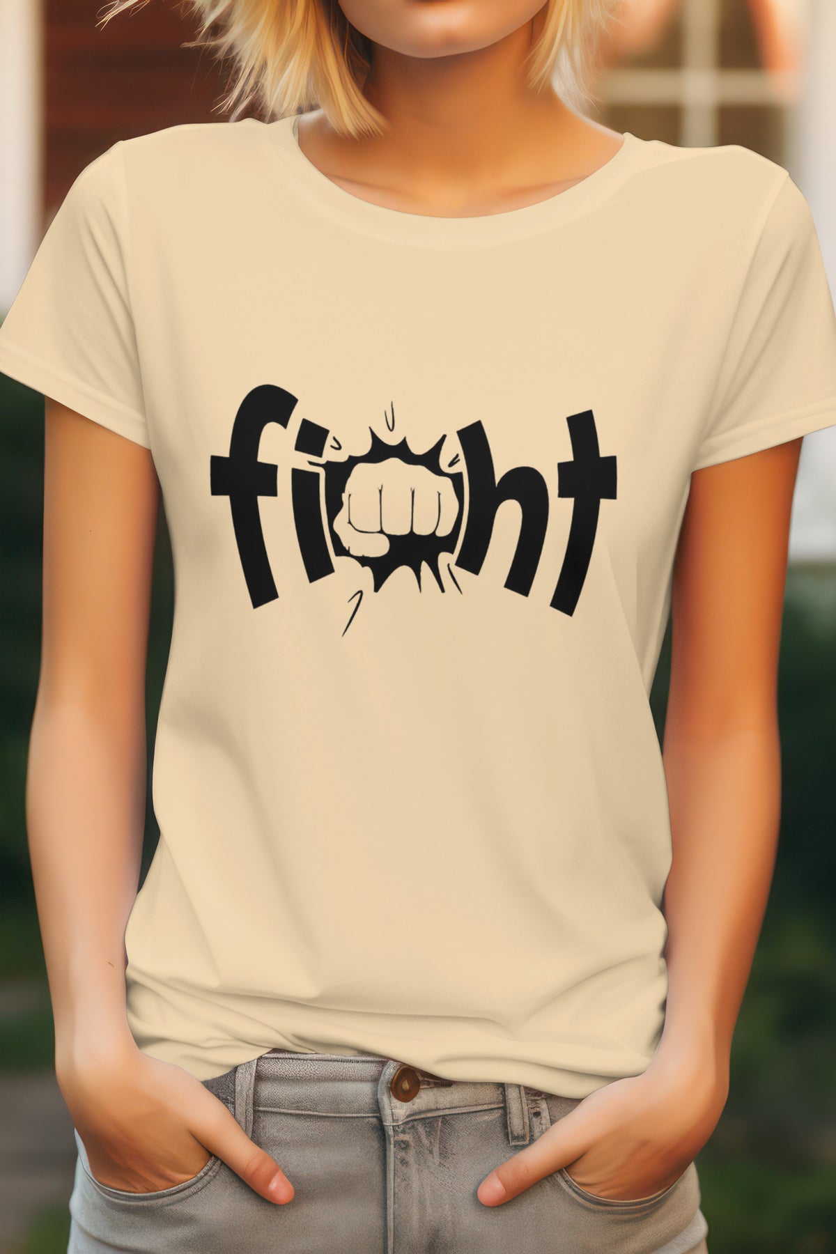Unisex Fight Text Graphic Printed Round Neck Cotton T Shirt