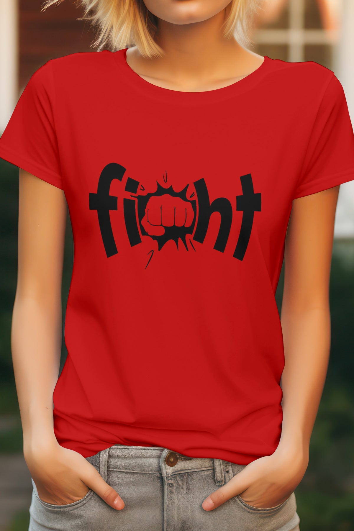 Unisex Fight Text Graphic Printed Round Neck Cotton T Shirt