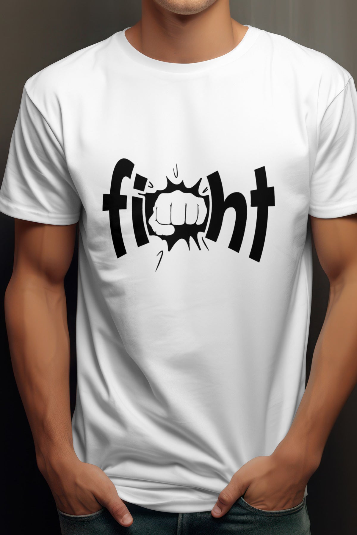 Unisex Fight Text Graphic Printed Round Neck Cotton T Shirt