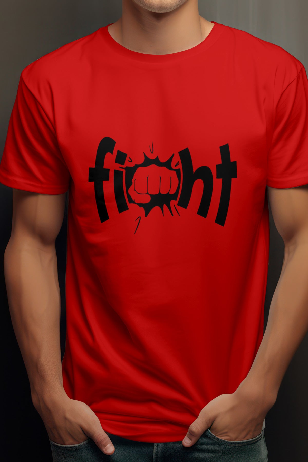 Unisex Fight Text Graphic Printed Round Neck Cotton T Shirt
