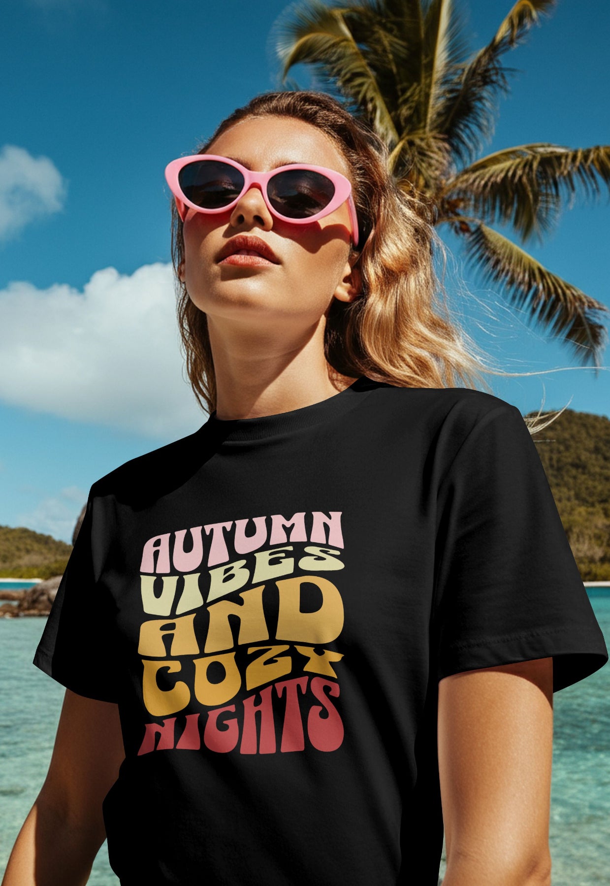 Autumn Vibes And Cozy Nights Graphic Tee Round Neck Cotton