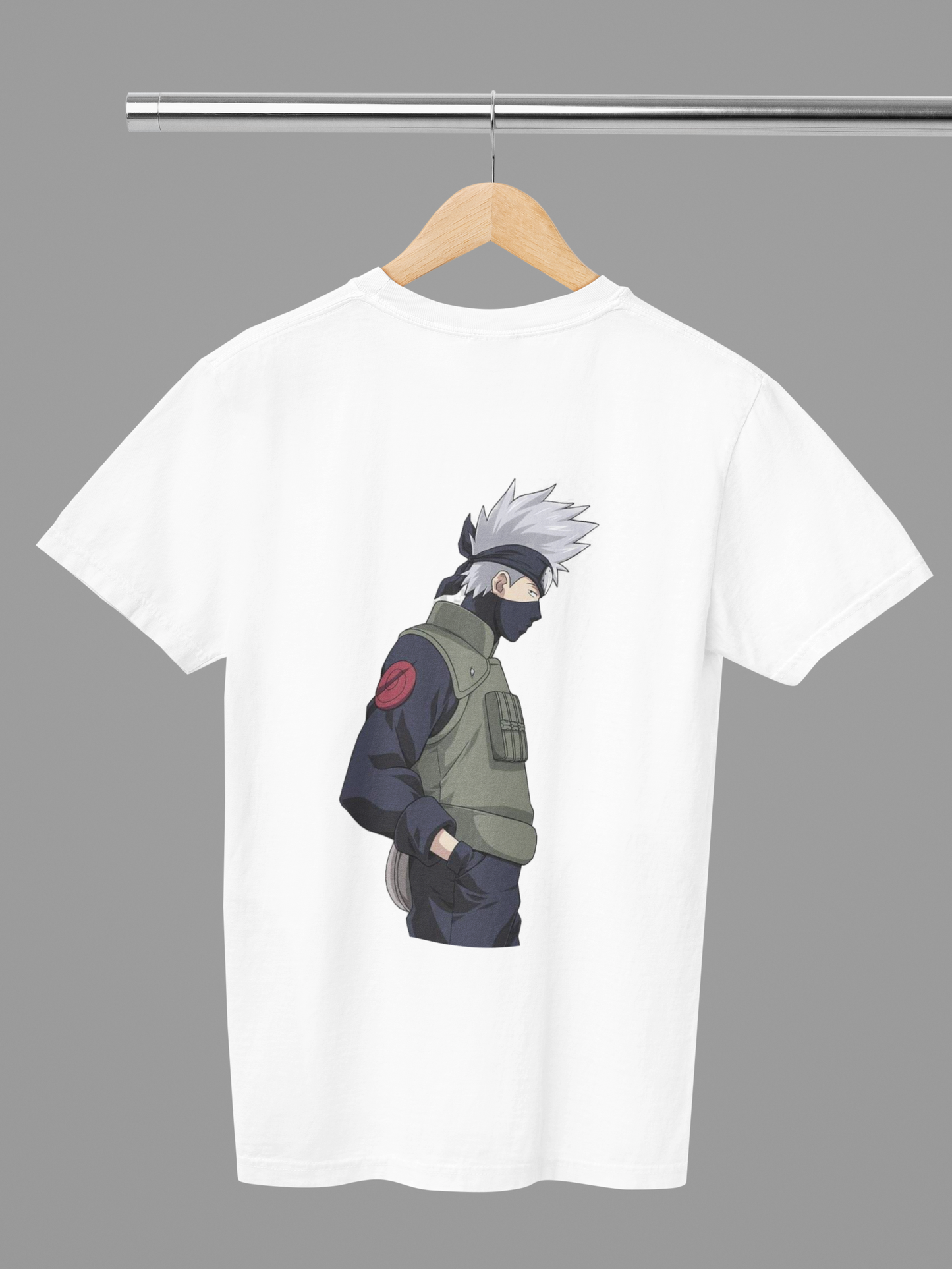 FOMO Fashions Anime Girl T Shirt front mockup showing female ninja graphic on hanger