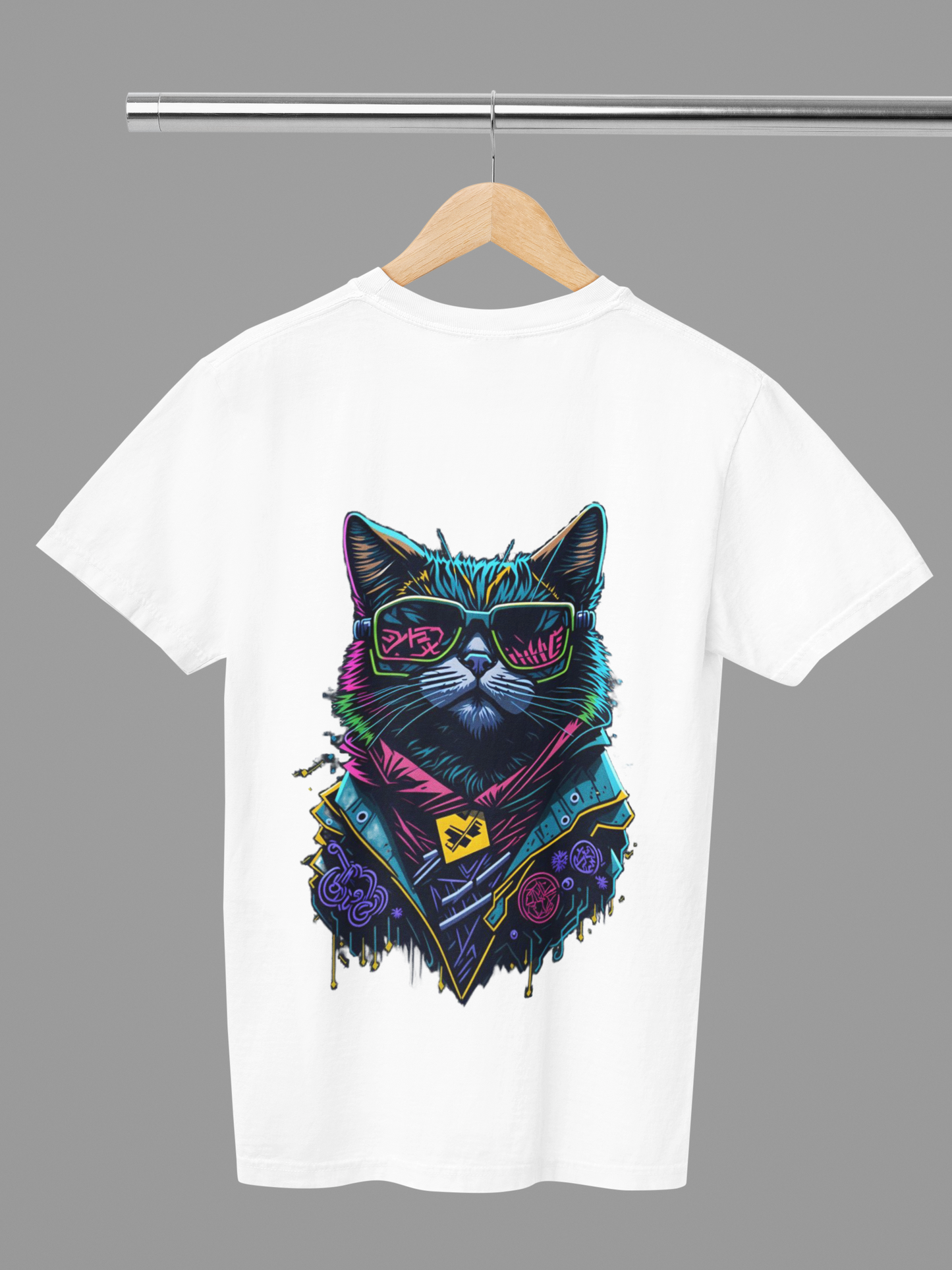 Unisex Graffiti Cat Graphic Printed Round Neck Cotton T Shirt