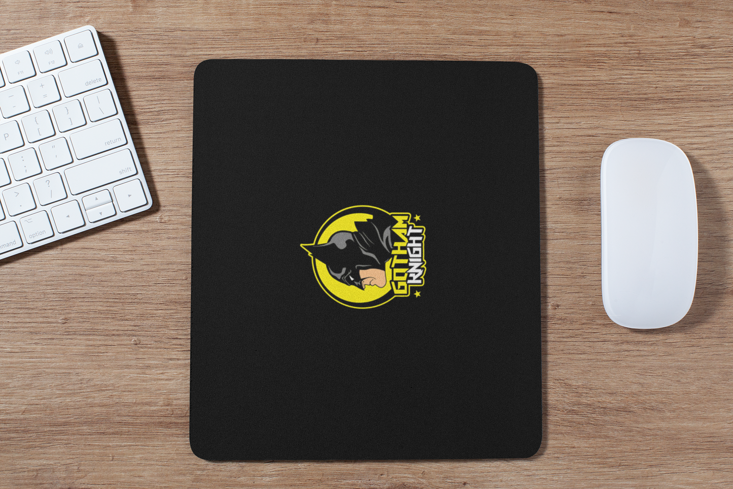 FOMO Fashions Batman-themed mouse pad with iconic logo and smooth fabric surface