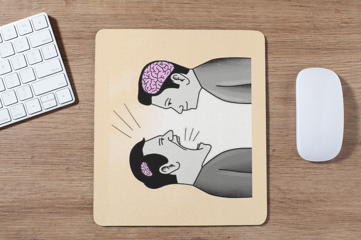 FOMO Fashions brain vs. brainless mouse pad variant two with whimsical brain illustration