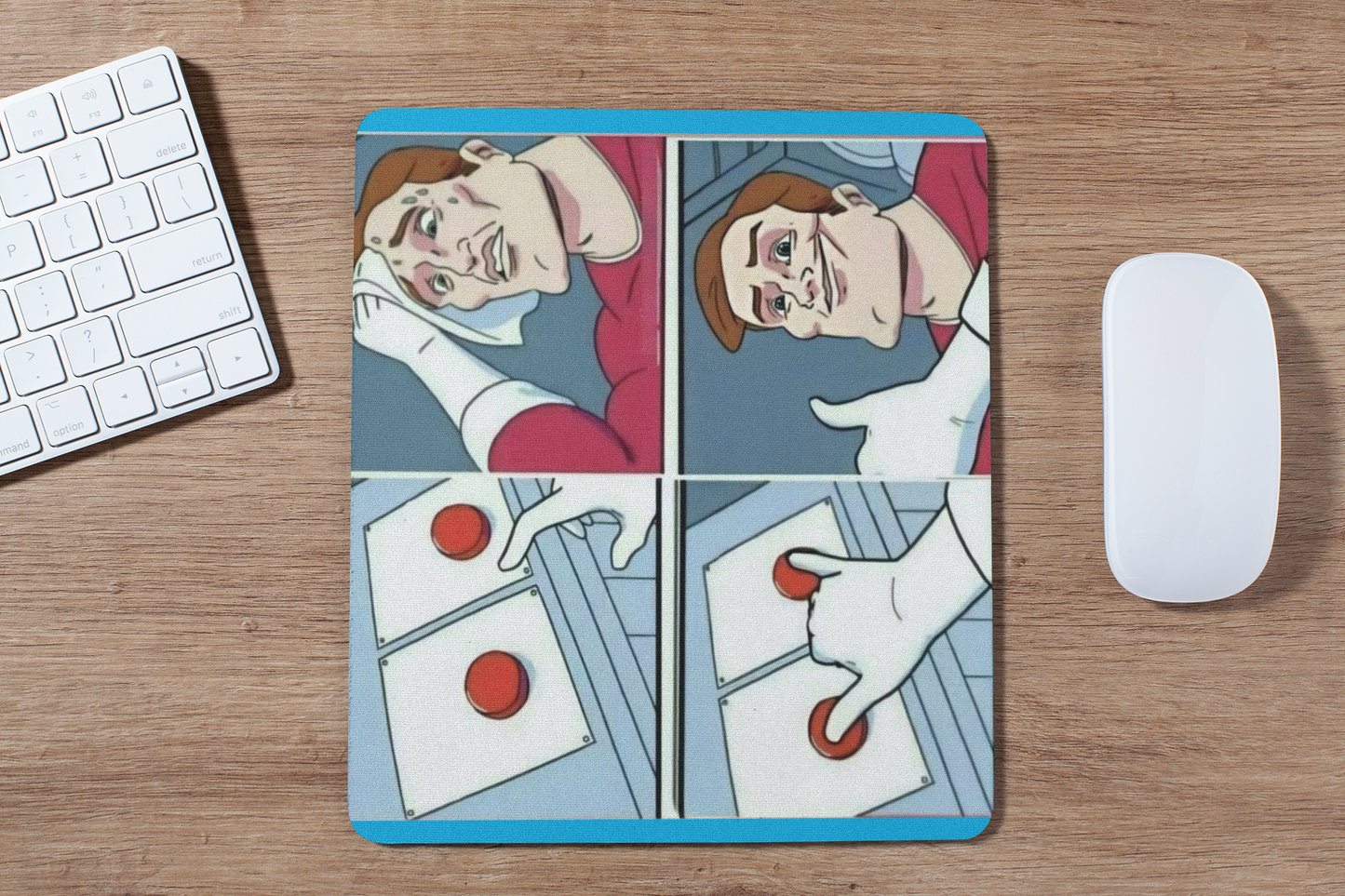 FOMO Fashions “Think Guy” button mouse pad with comic book style illustration