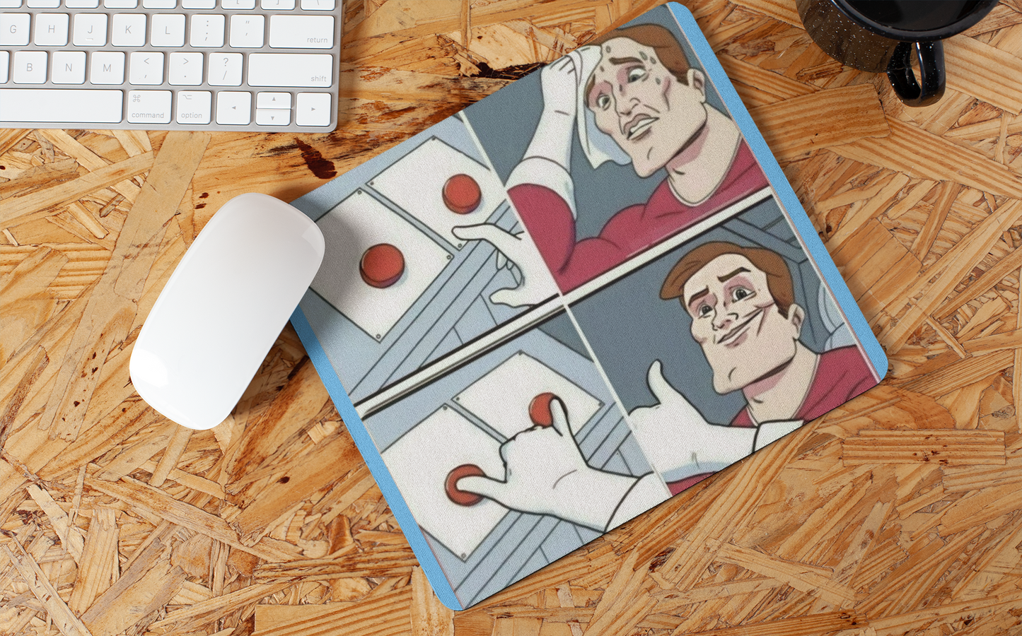 FOMO Fashions “Think Guy” button mouse pad variant two with comic style graphic