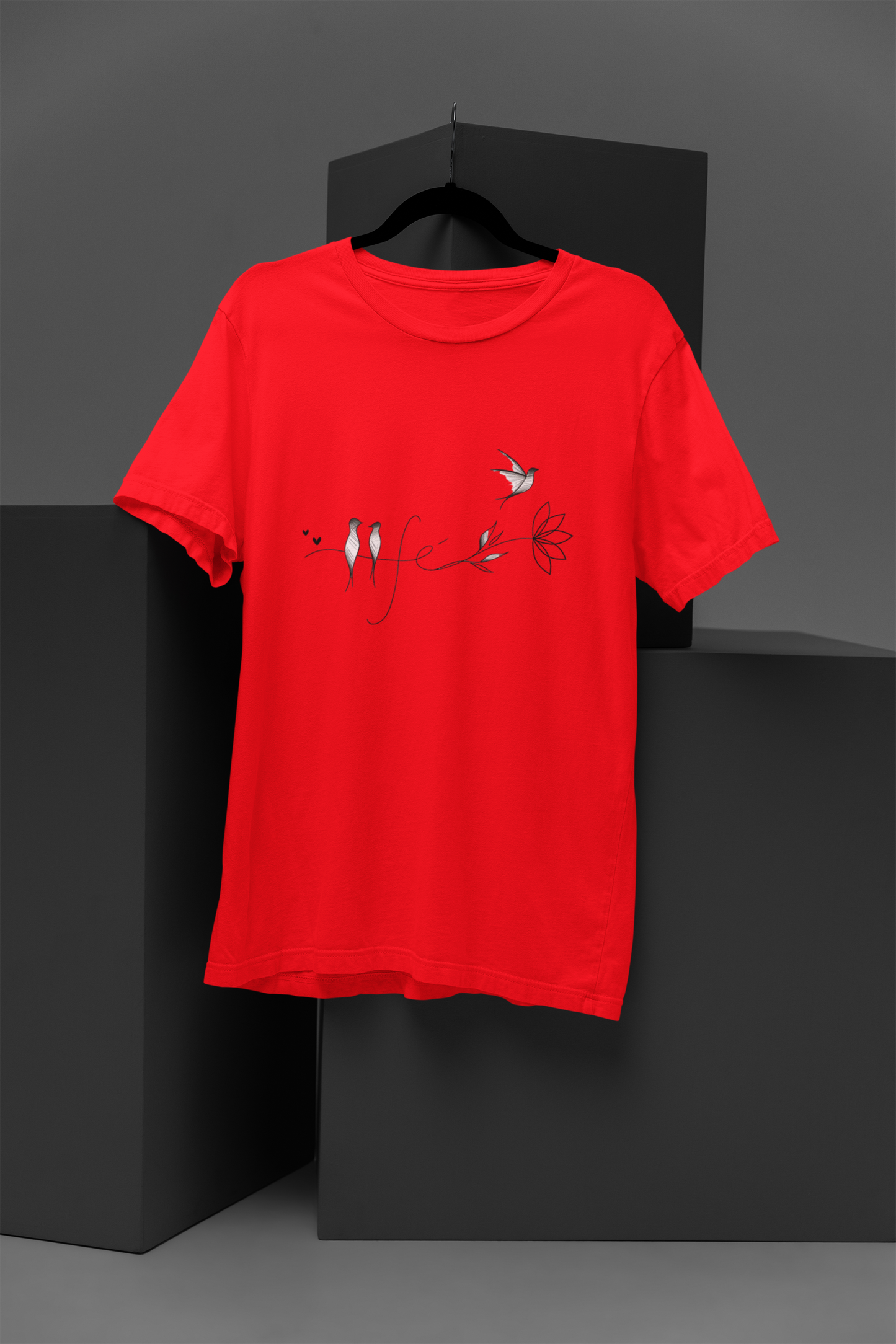 Bird Life T Shirt front on red cotton tee featuring vibrant bird illustration print FOMO Fashions