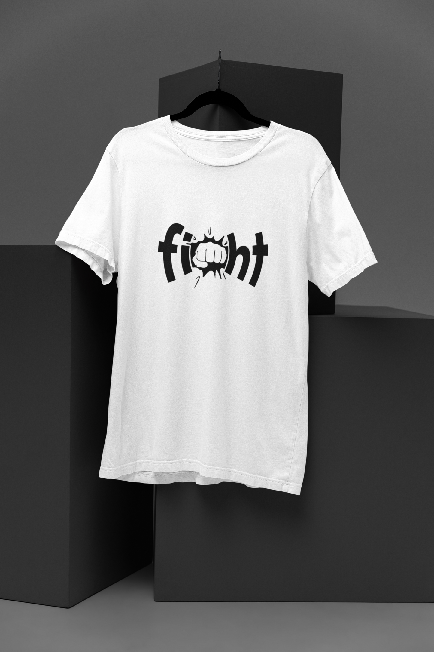 FOMO Fashions Fight Text T Shirt with bold ‘Fight’ slogan print on crisp white crew‑neck tee