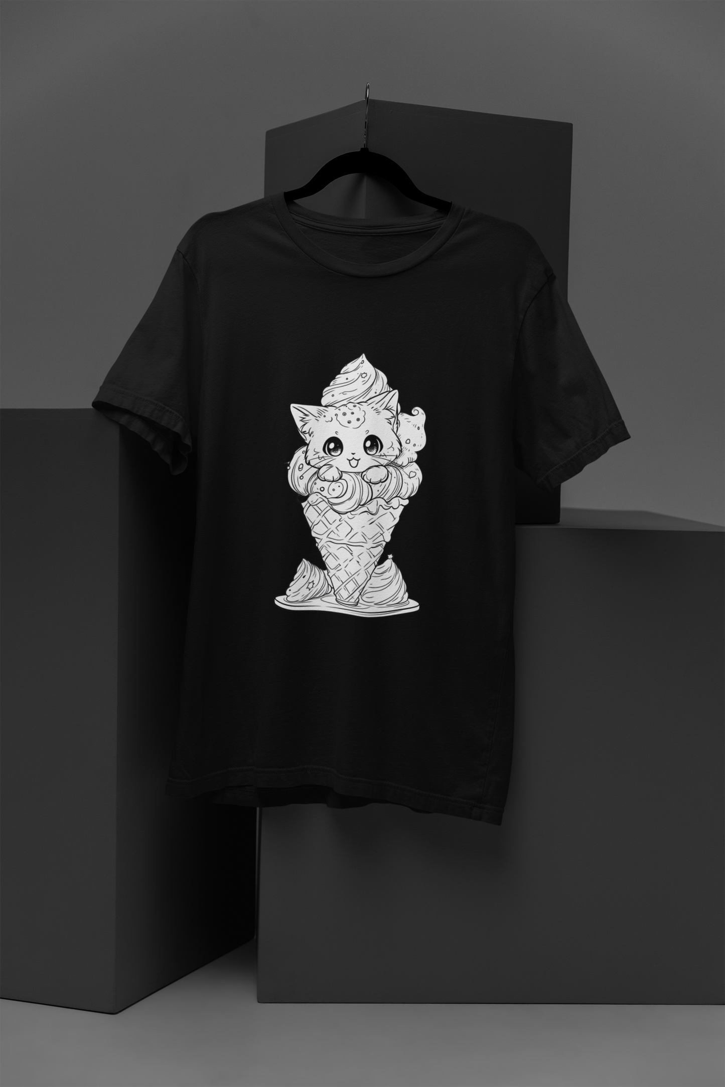 Ice Cream Cat Women's Graphic Tee Fun Cotton Round Neck