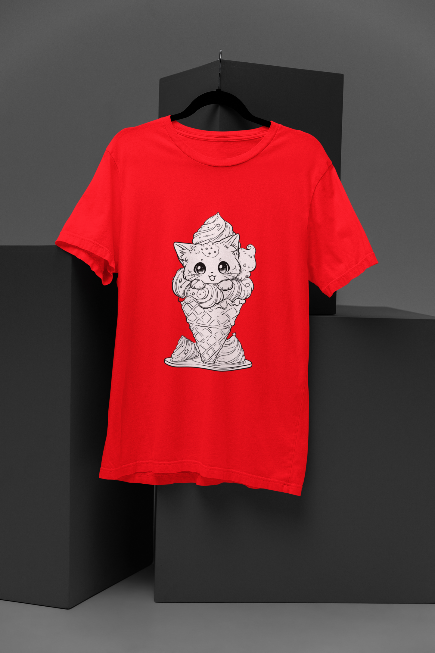 FOMO Fashions Ice Cream Cone Cat T Shirt: red tee with playful cat licking an ice-cream cone cartoon print.