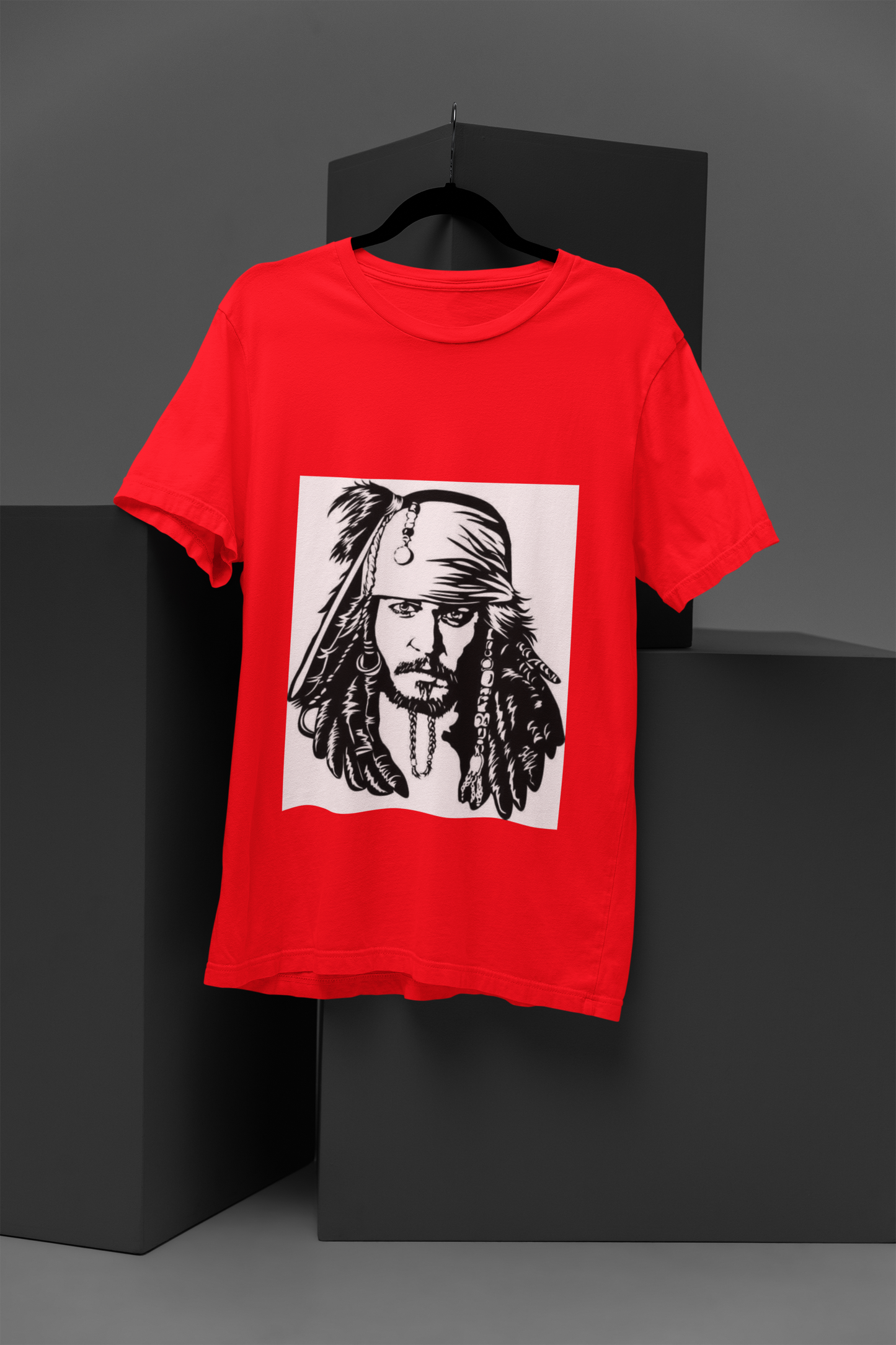 FOMO Fashions Jack The Detective T Shirt: red tee with noir detective silhouette and bold"Jack" title graphic.