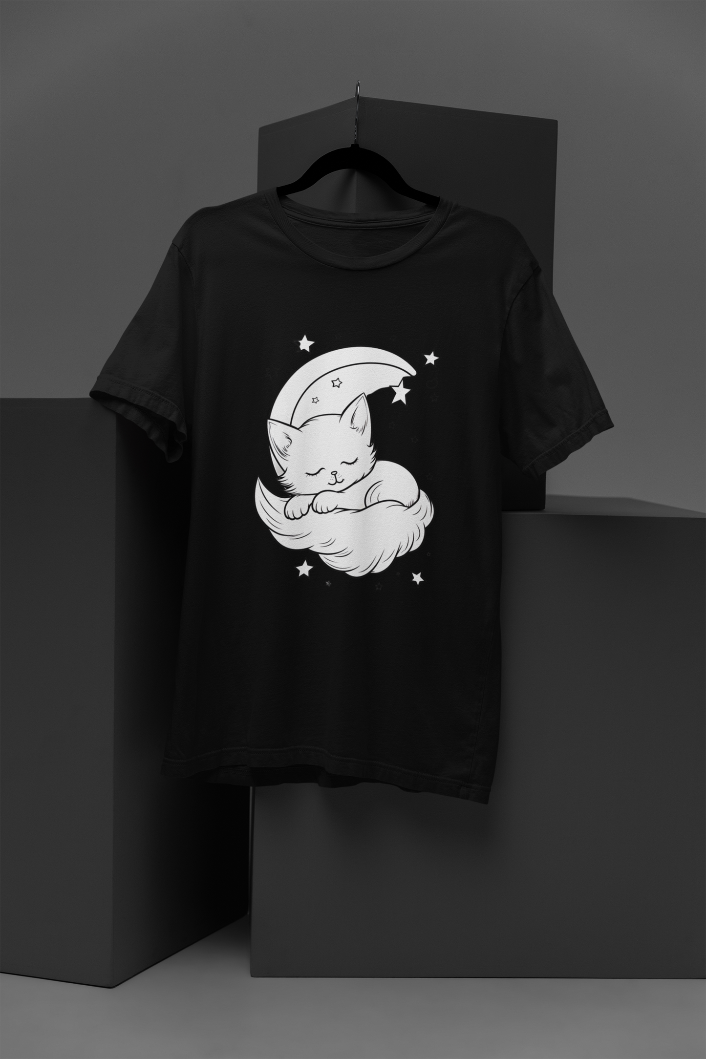 FOMO Fashions Moon Kitty T Shirt black tee featuring whimsical cat sitting on moon graphic