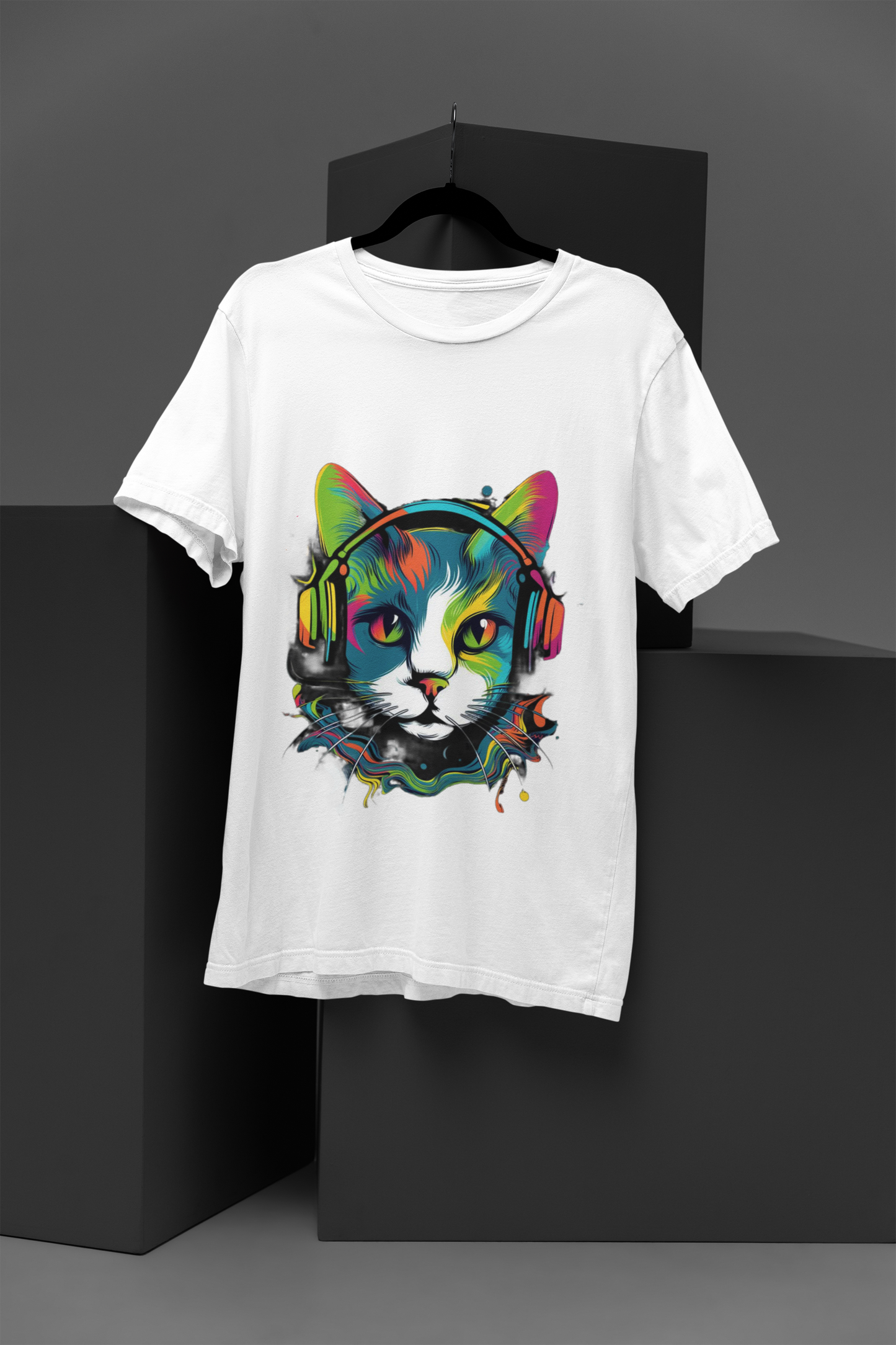 FOMO Fashions Musical Cat T Shirt red tee with playful cat holding vinyl record illustration