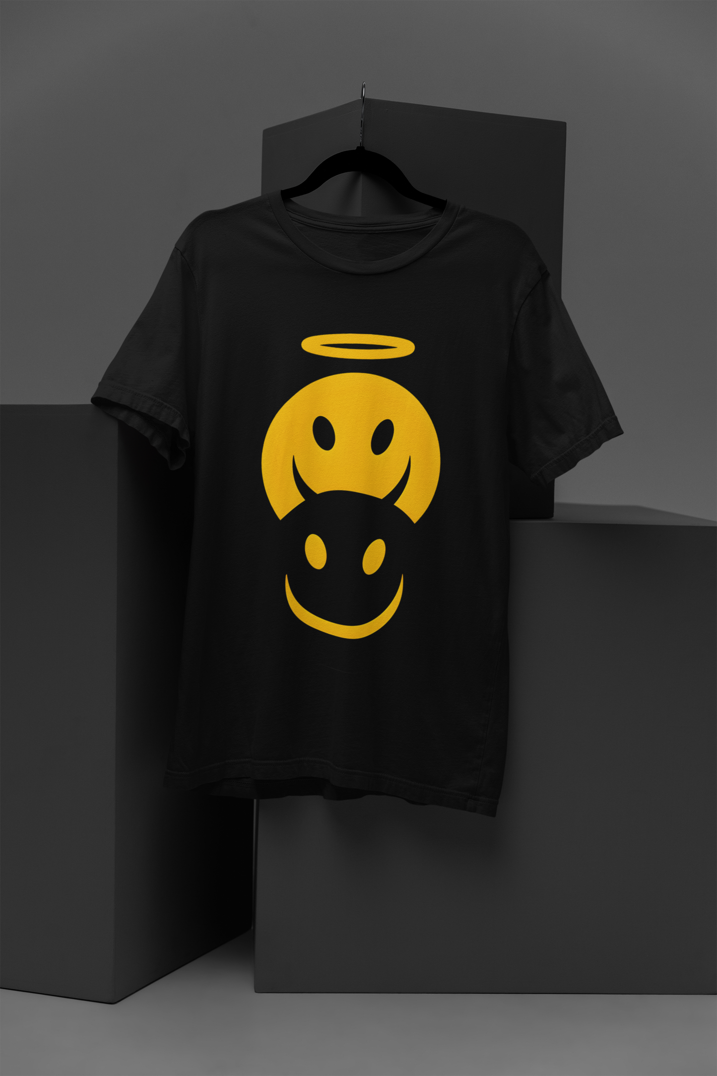 FOMO Fashions Two Smiley T Shirt black cotton tee with dual expressive smiley icon print
