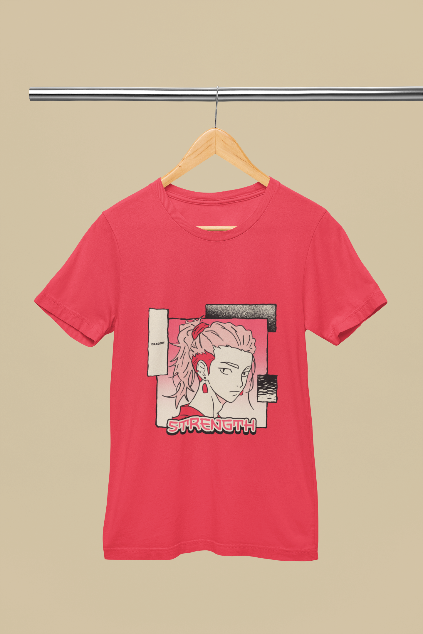 FOMO Fashions Sleeky Anime T Shirt hanger mockup on Bella Canvas tee with anime portrait print