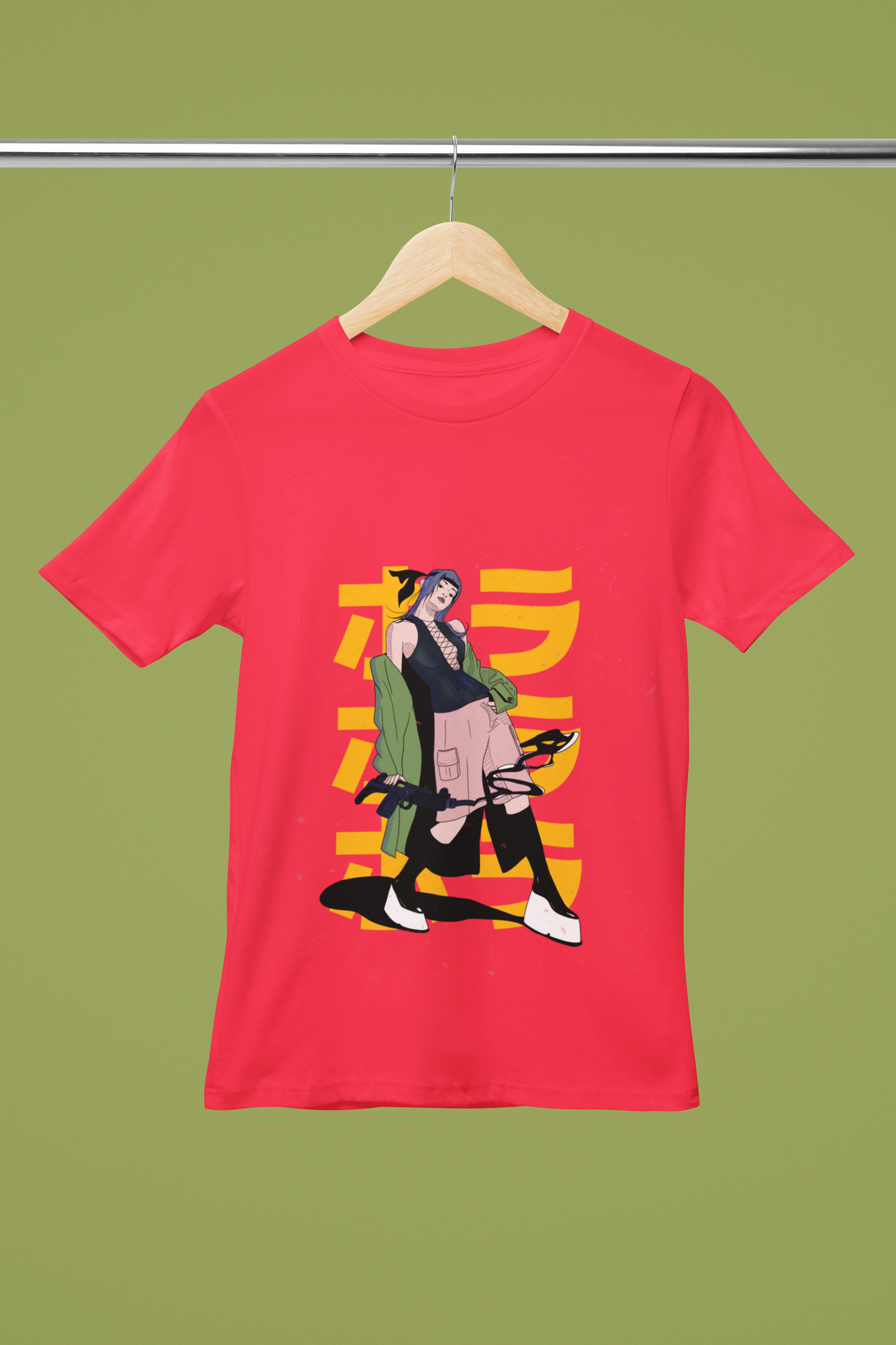 FOMO Fashions Elegant Design T Shirt mockup with ninja character art on cotton swing hanger