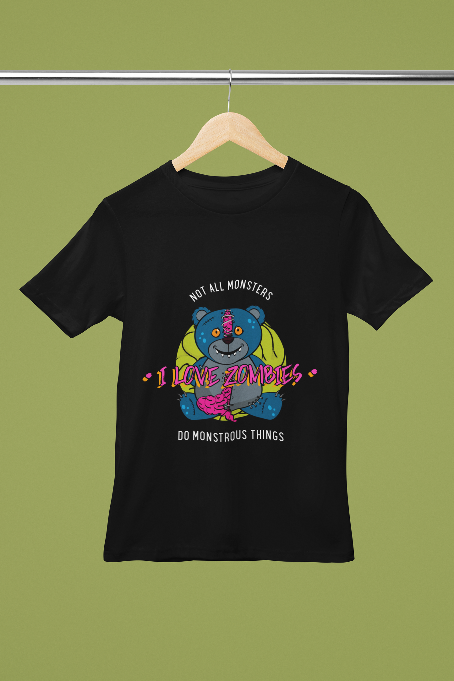 FOMO Fashions Zombies T Shirt hanger mockup showing zombie art on Bella Canvas tee
