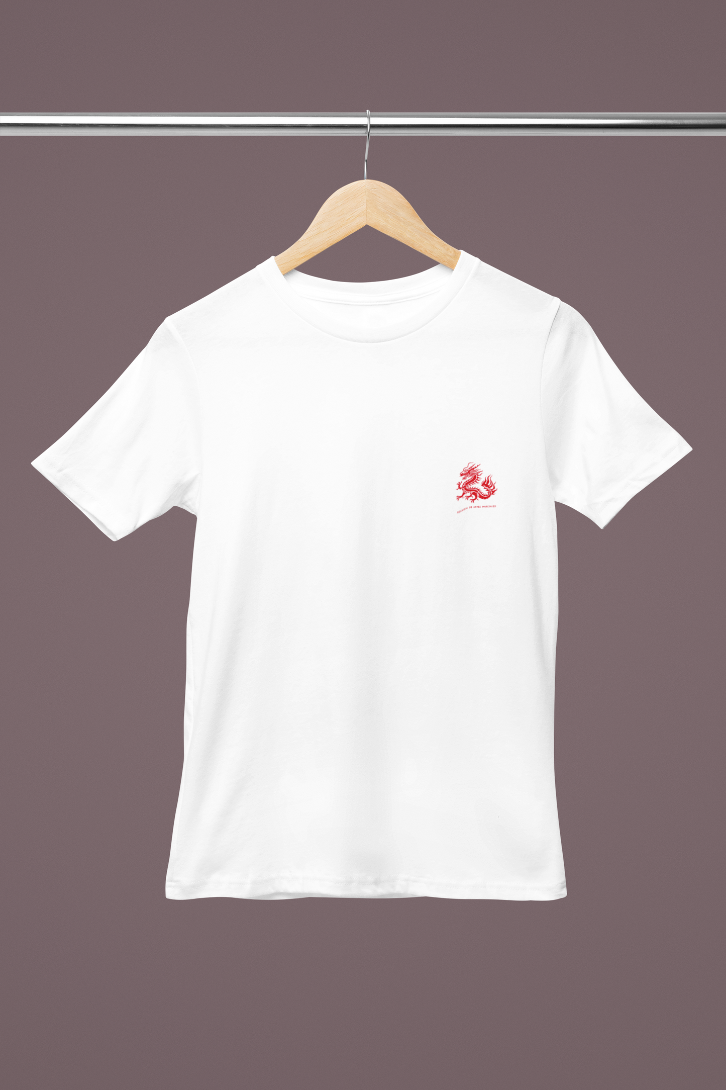 FOMO Fashions The Free Sprit T Shirt hanger mockup showing dragon design on cotton tee
