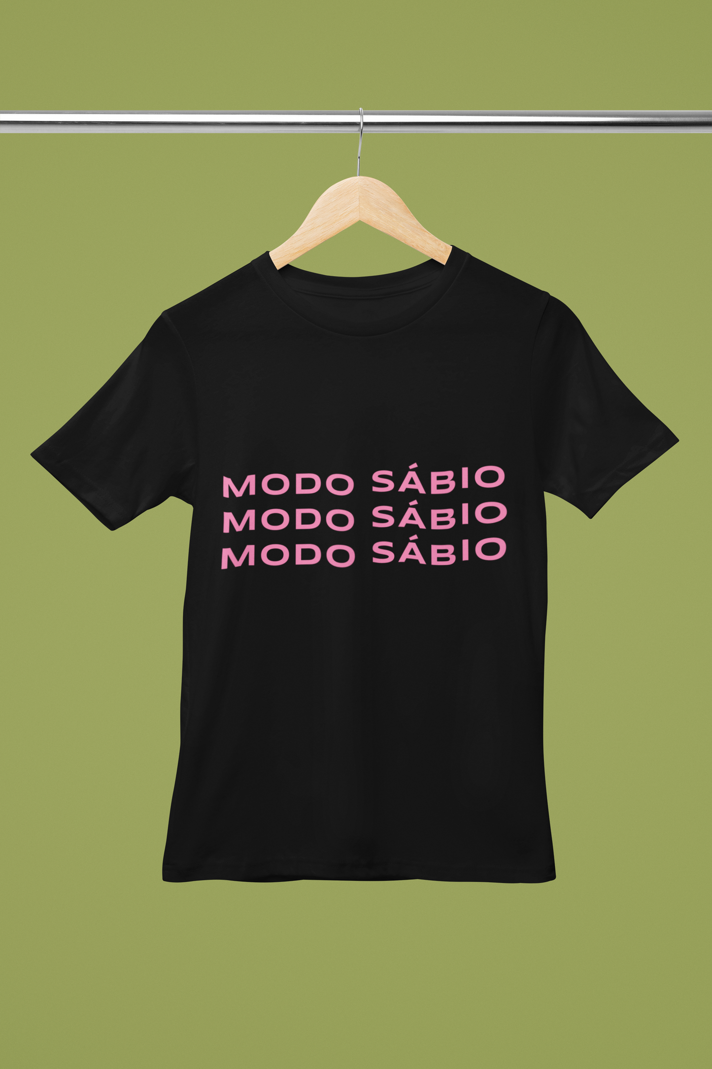 Bella Canvas round-neck T-shirt mockup hanging on wooden hanger, front view