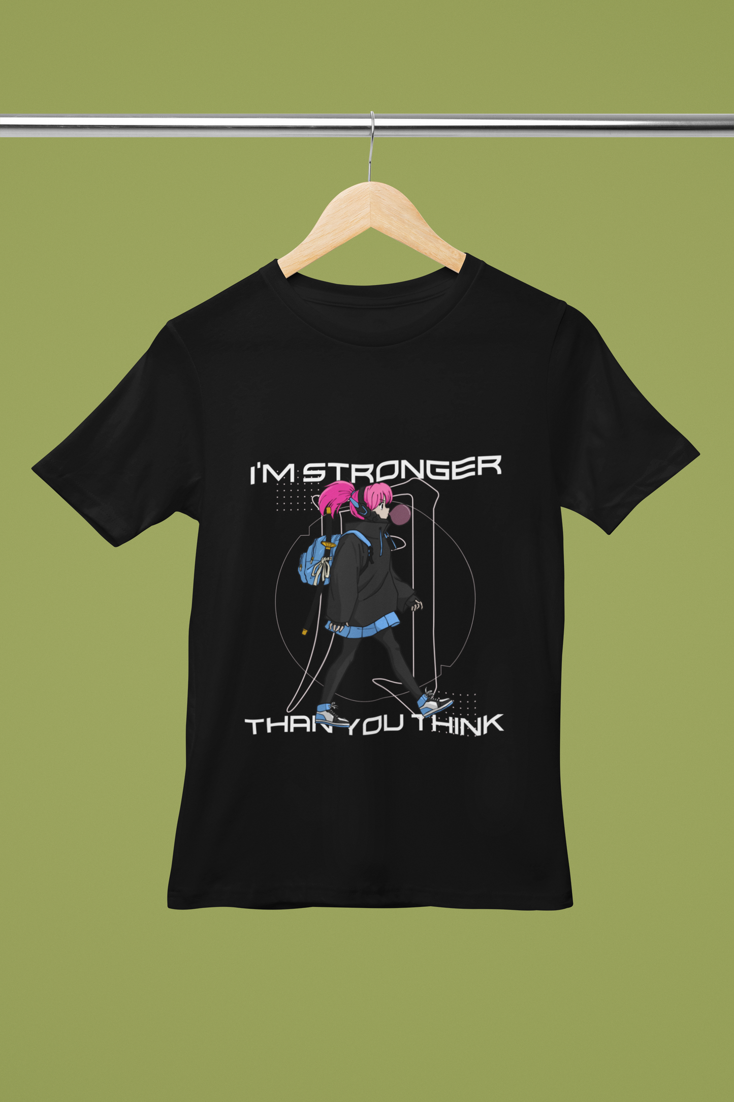 FOMO Fashions Anime Girl T Shirt close‑up design with female ninja artwork on black tee