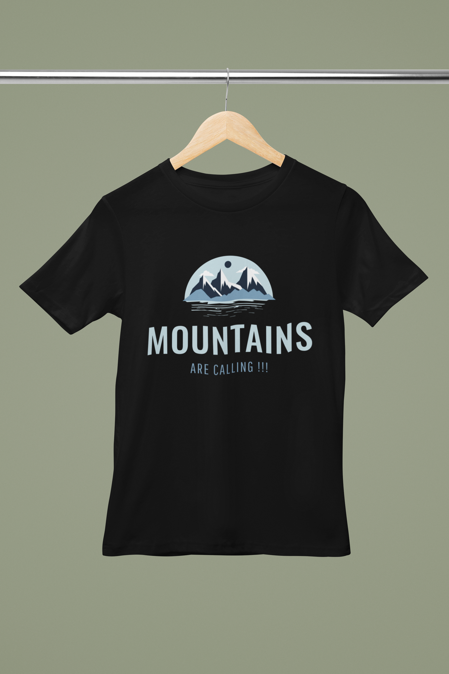 Bella Canvas round-neck T-shirt mockup hanging on wooden hanger, alternate view