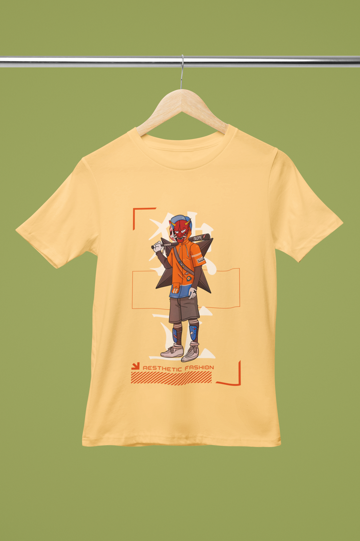 Bella Canvas round‑neck T Shirt mockup showing modern warrior anime print design