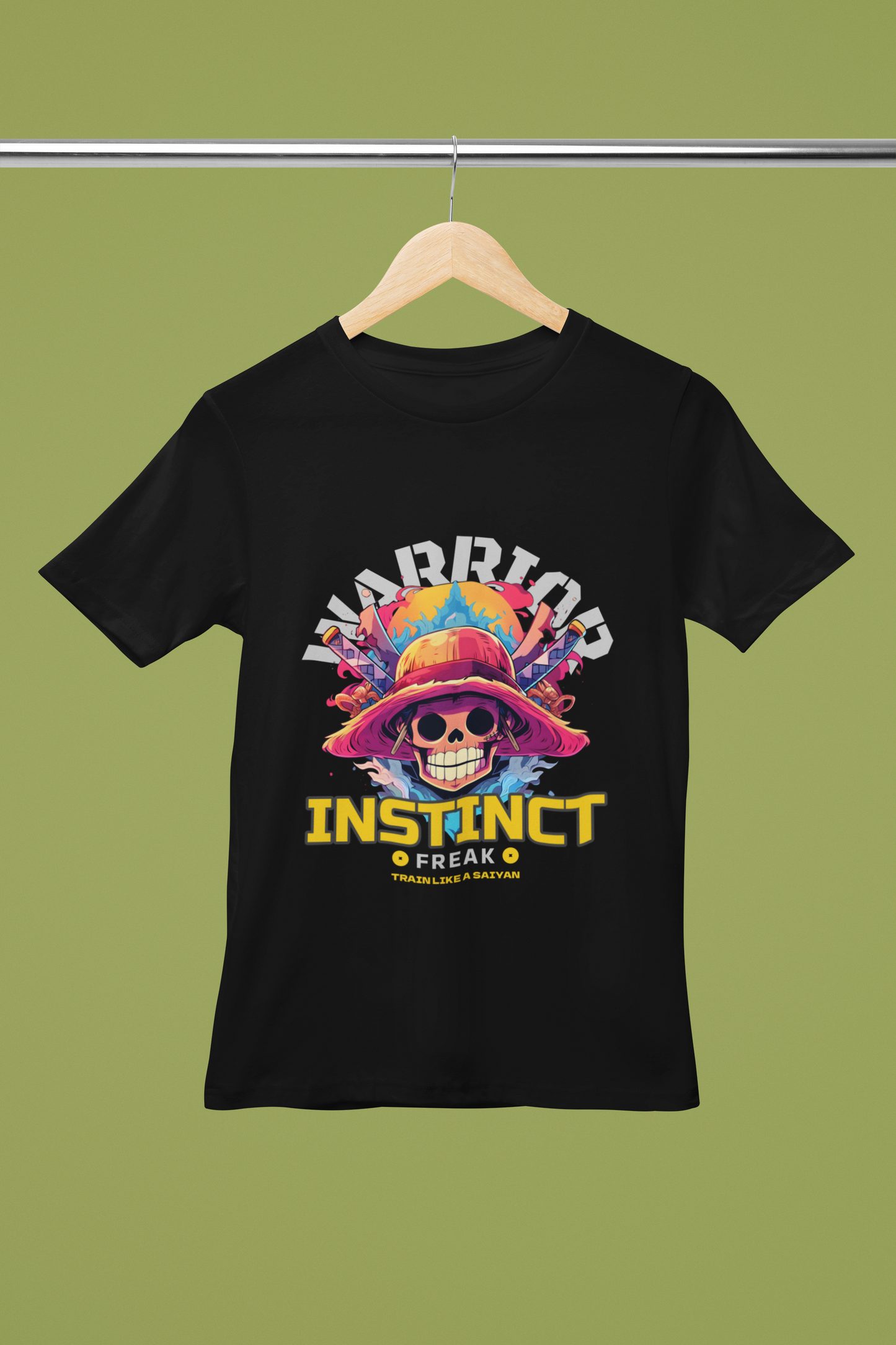 FOMO Fashions Warrior Instinct T Shirt hanger mockup with anime warrior lifting weights graphic