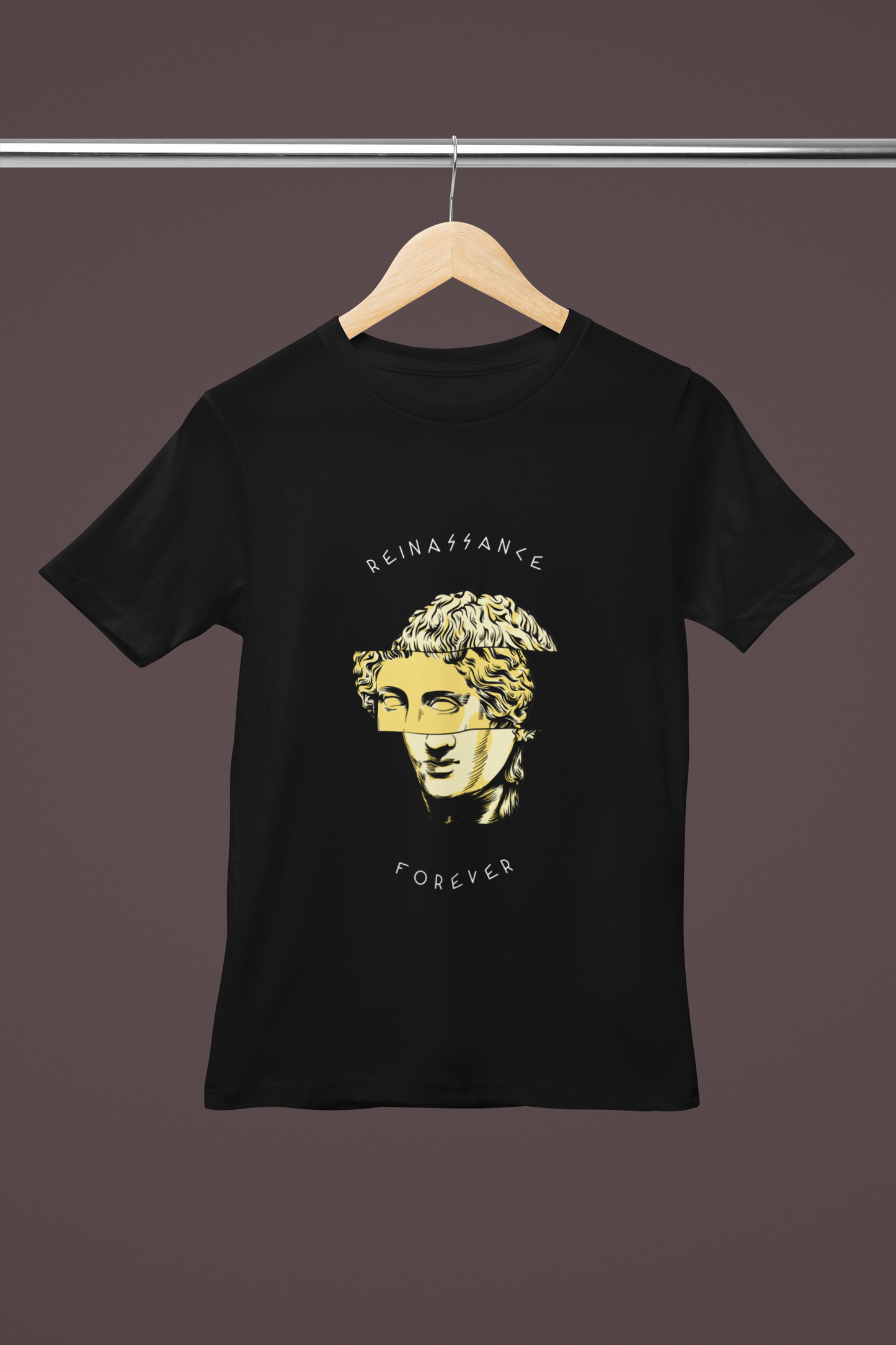FOMO Fashions Renaissance T Shirt hanger mockup with sliced sculpture graphic on cotton tee