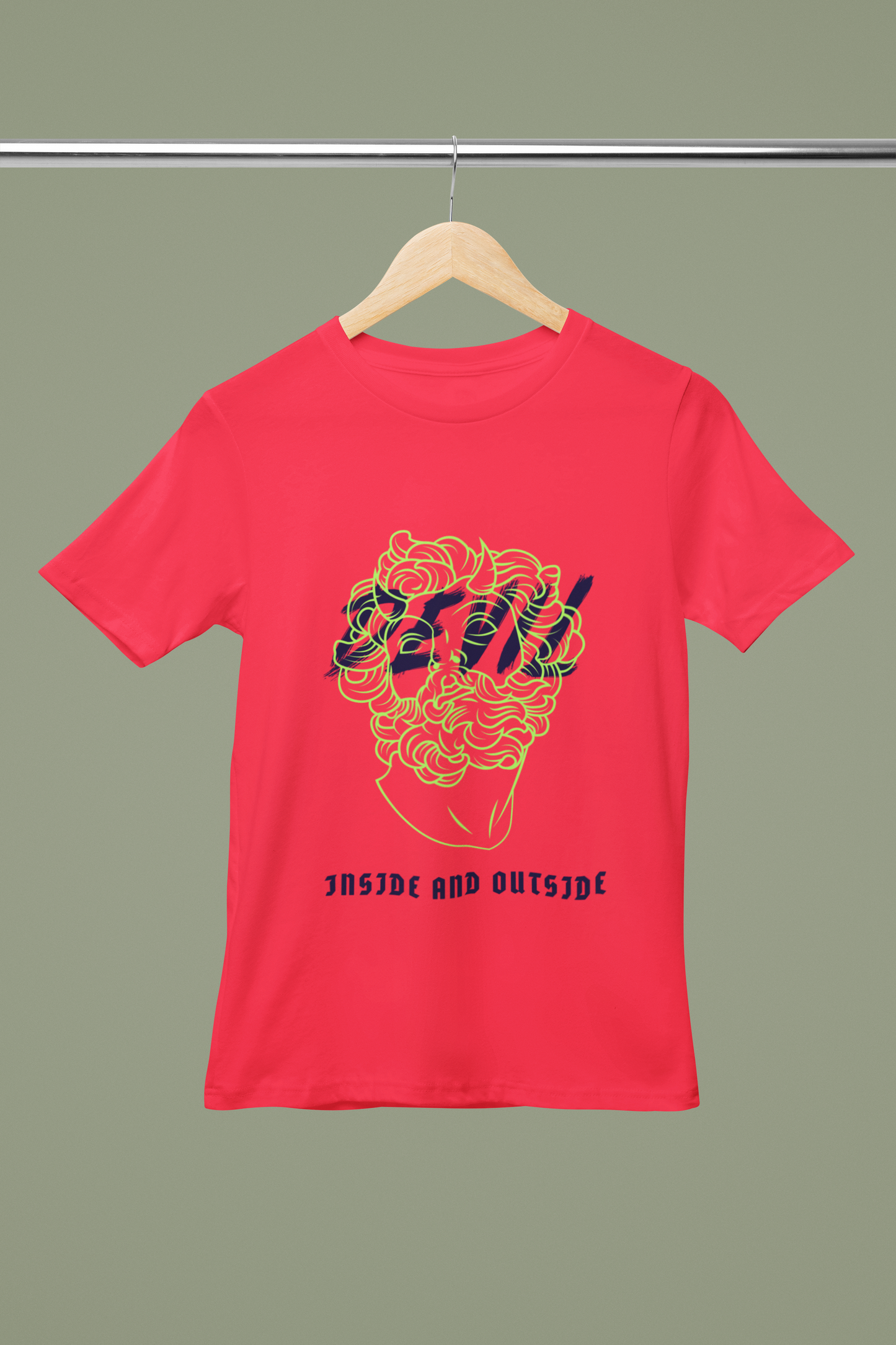 FOMO Fashions Devil Inside T Shirt mockup showing devil face print on hanger