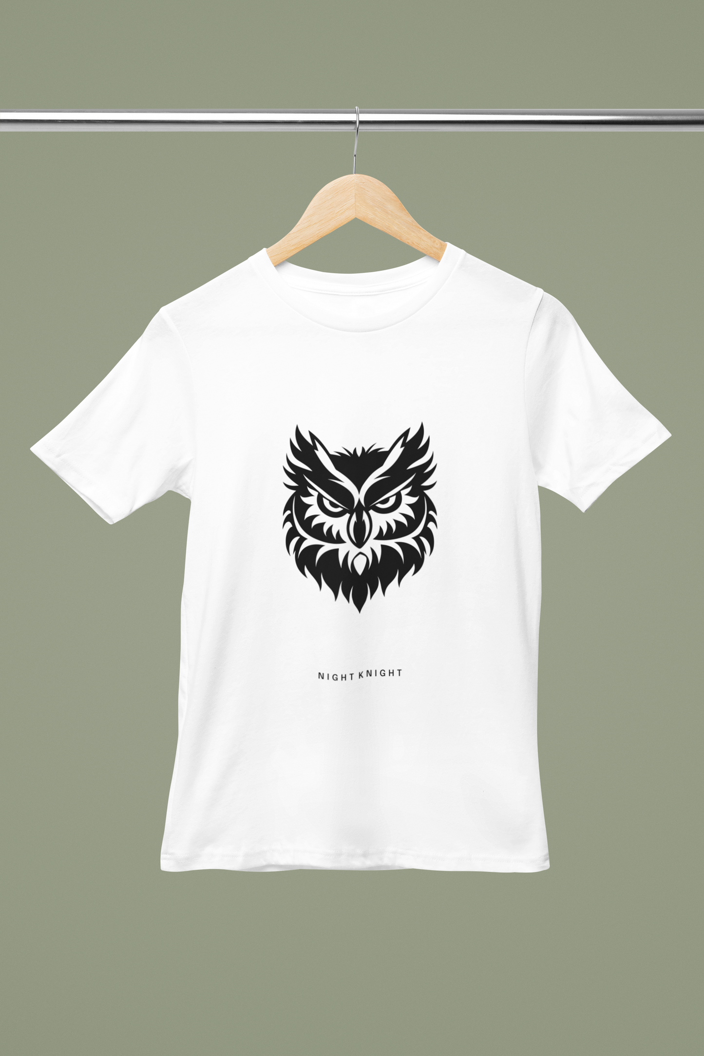 Curious Owl T Shirt hanger mockup with owl illustration graphic for gaming‑team badge print