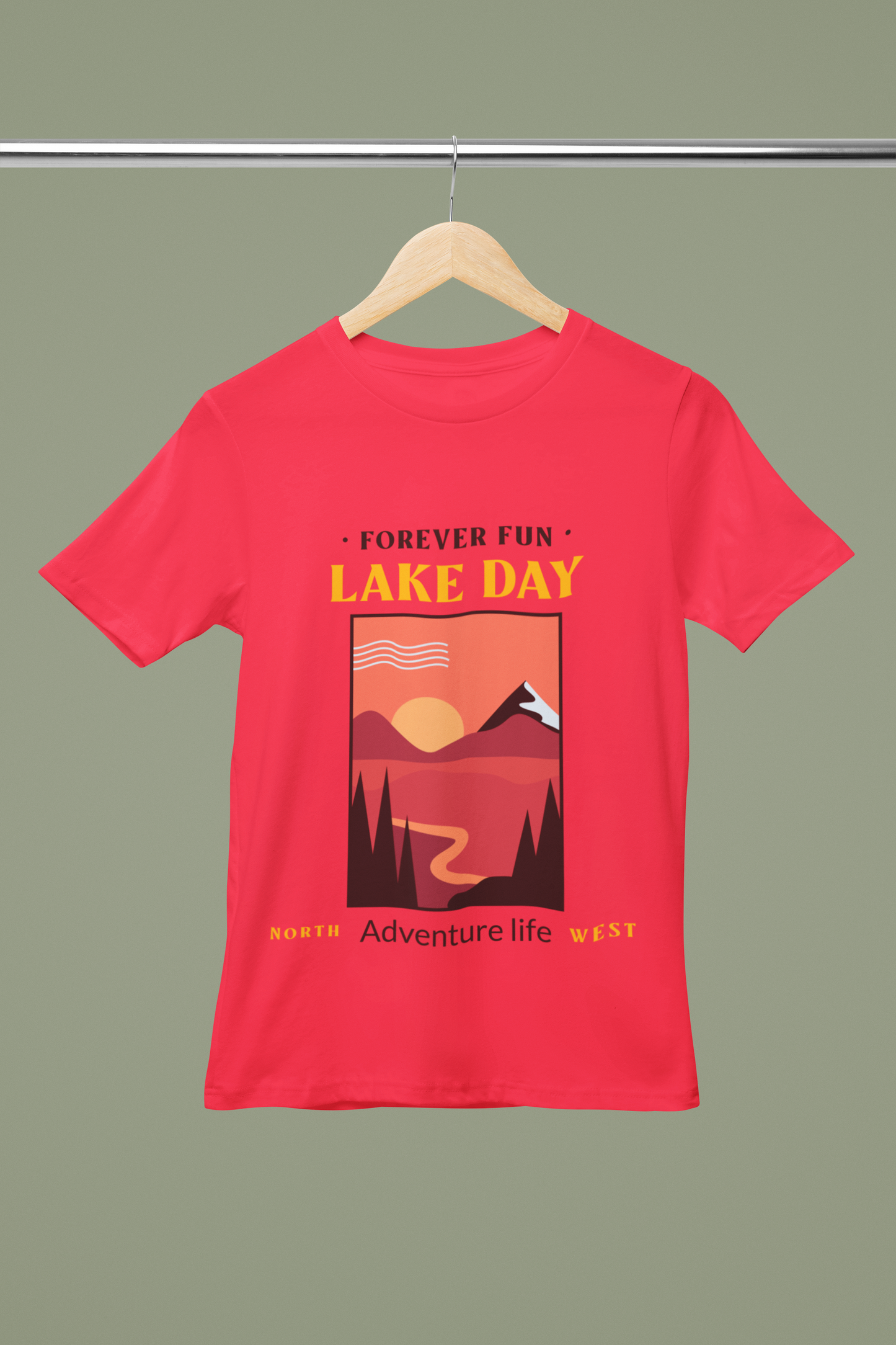 FOMO Fashions Retro Style T Shirt hanger mockup on Bella Canvas tee with mountain sunset graphic