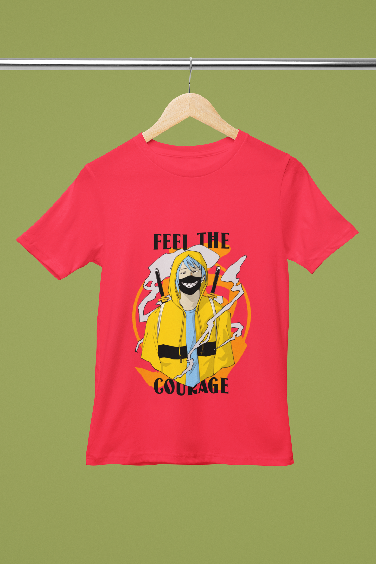 FOMO Fashions Feel the Courage T Shirt with anime warrior graphic and bold motivational text