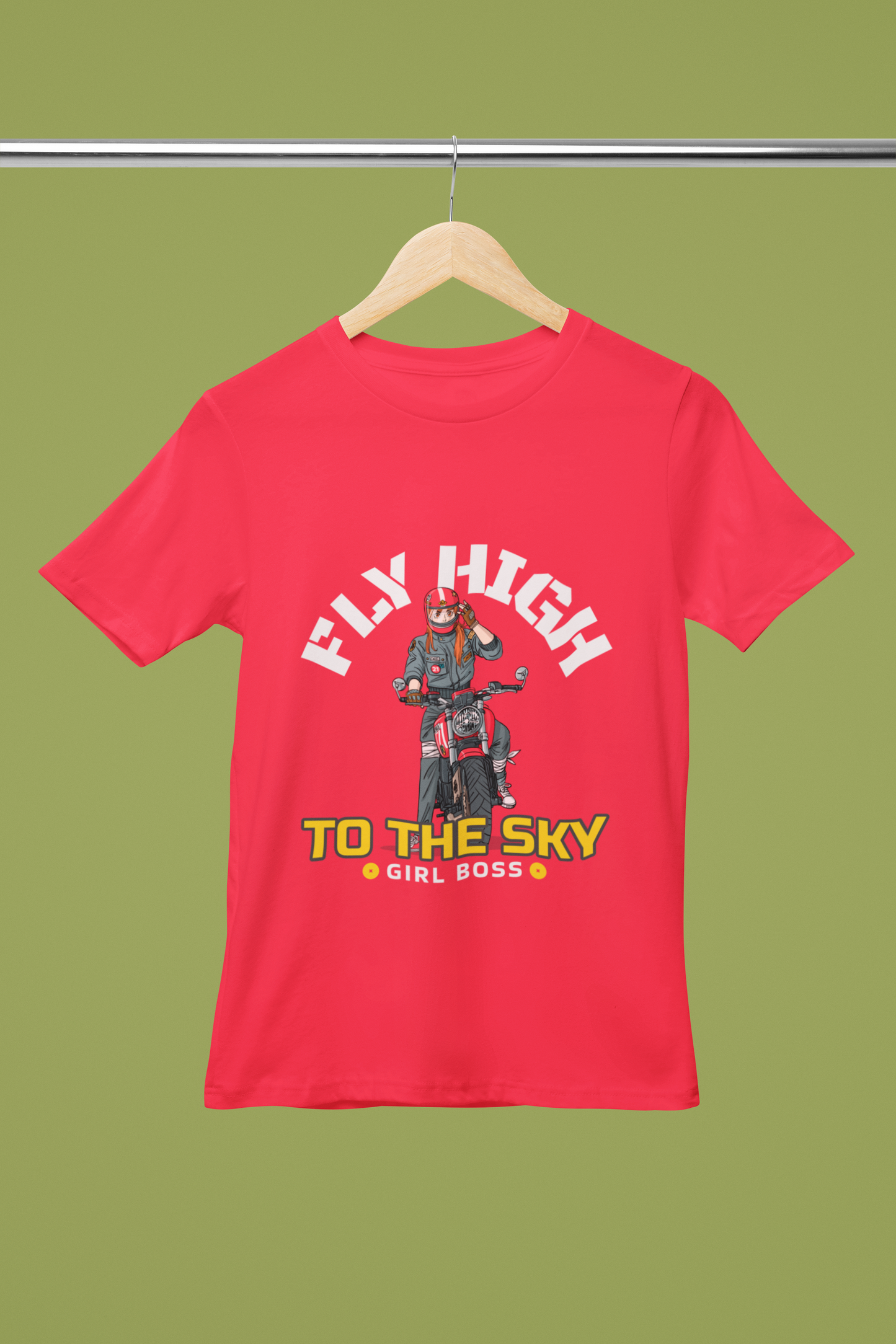 FOMO Fashions Fly High T Shirt: gym‑rat anime character lifting weights printed on a vibrant red cotton tee.
