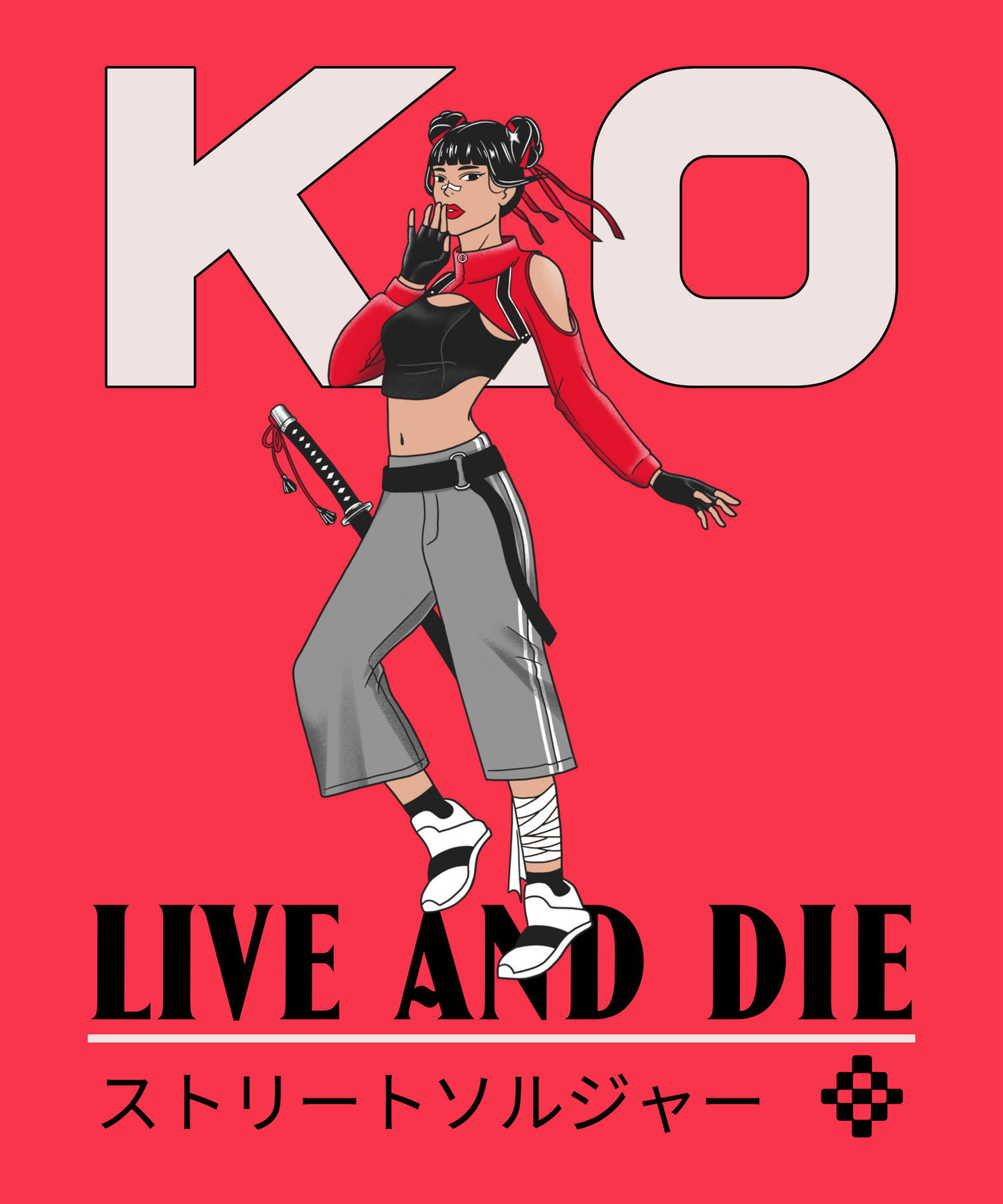 FOMO Fashions K.O. Live and Die T Shirt streetwear graphic female ninja artwork in red print