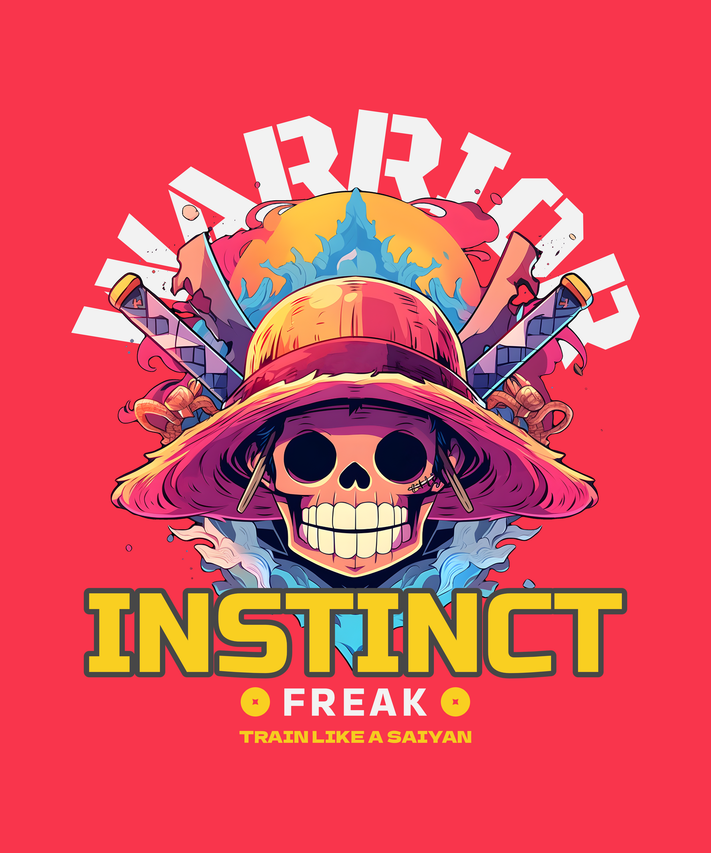 FOMO Fashions Warrior Instinct T Shirt design with anime gym‑rat warrior lifting weights graphic