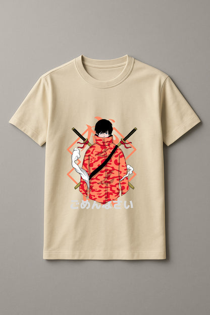 Unisex Modern Samurai Graphic Printed Round Neck Cotton T Shirt