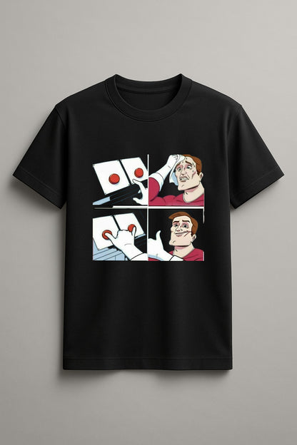 Unisex Button Think Guy Graphic Printed Round Neck Cotton T Shirt