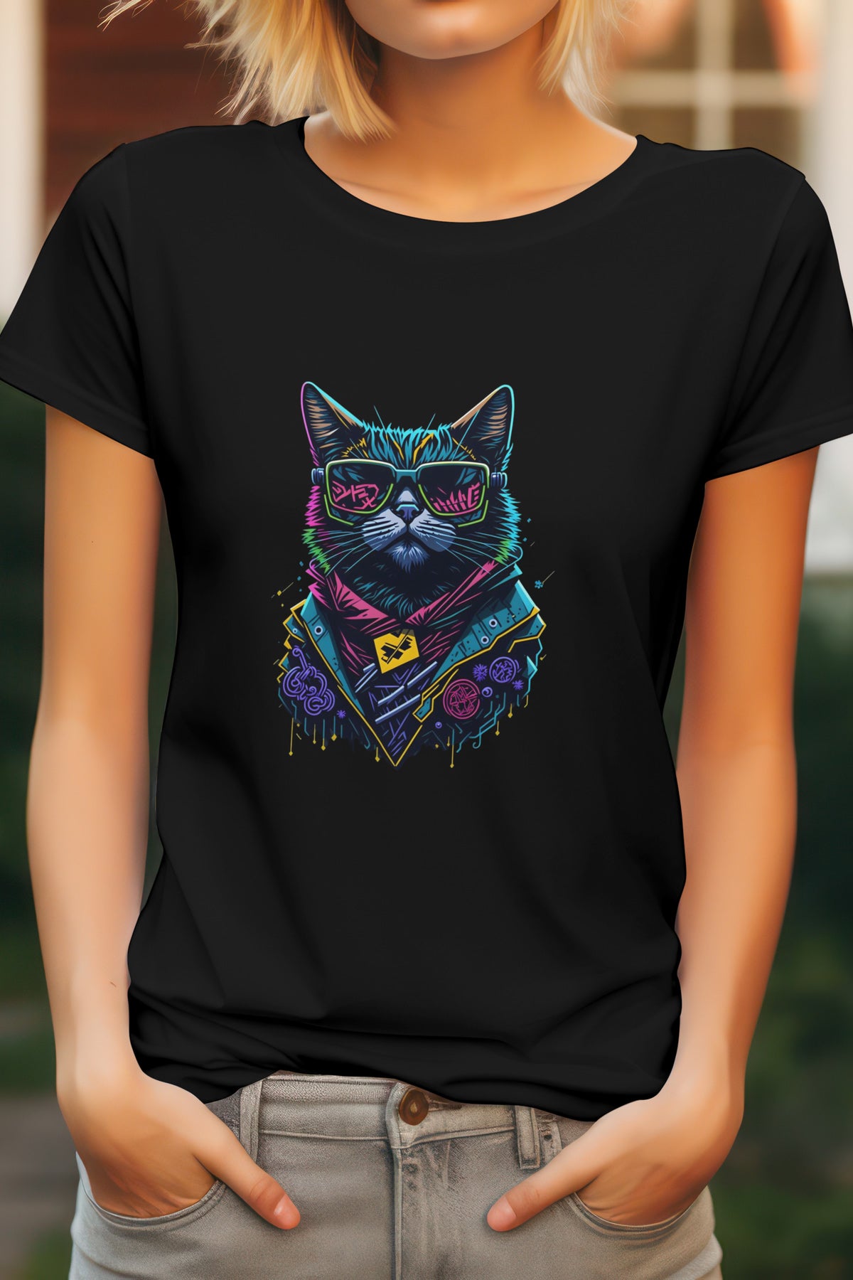 Unisex Graffiti Cat Graphic Printed Round Neck Cotton T Shirt