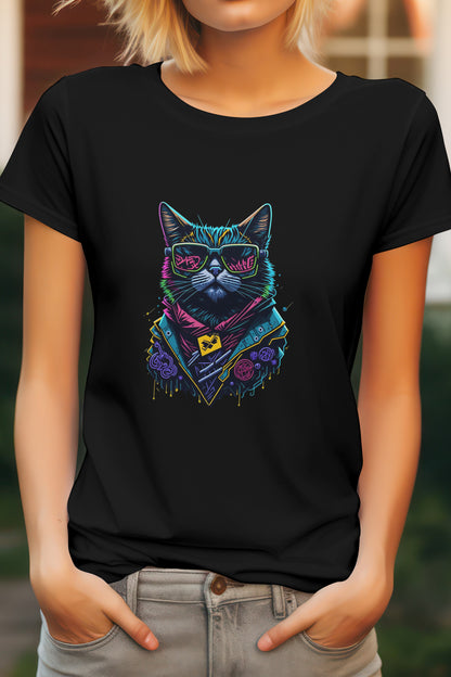 Unisex Graffiti Cat Graphic Printed Round Neck Cotton T Shirt